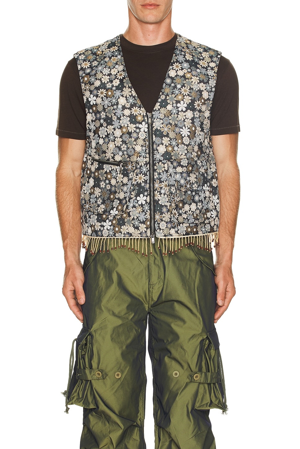 Flower V Neck Zip Up Vest - 4