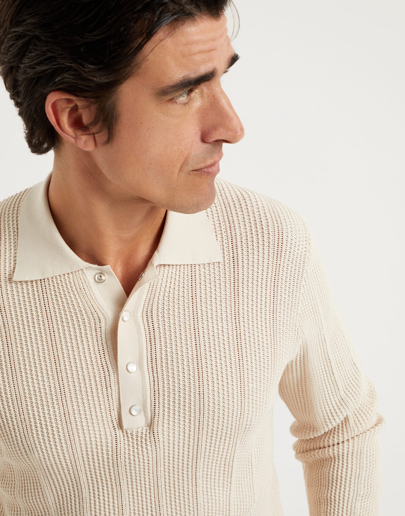 Cotton textured rib knit polo with long sleeves - 3