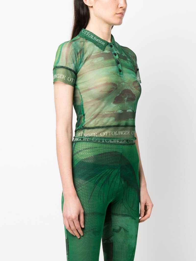 logo-print neckline sheer polo top - 3