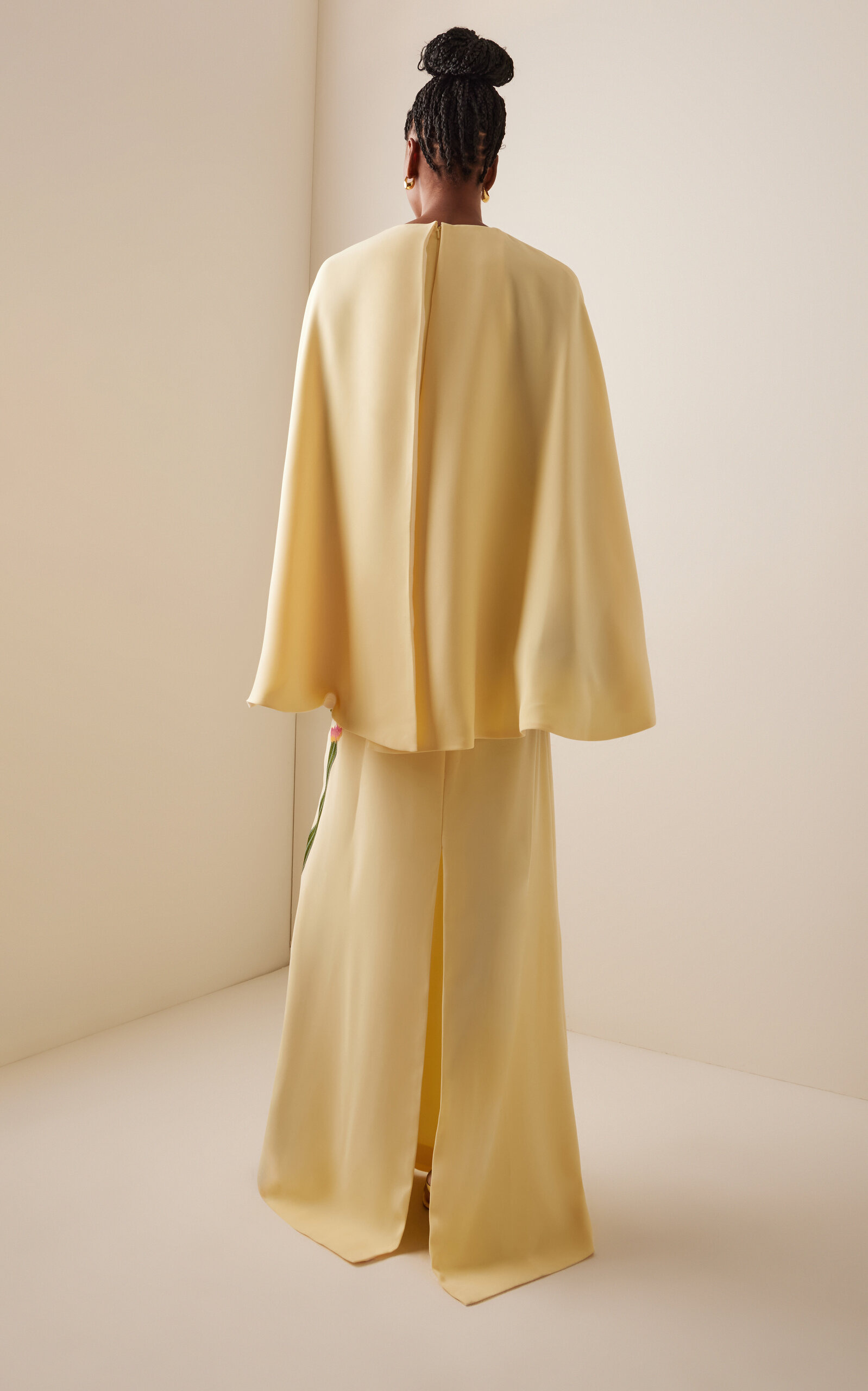 Meena Floral-Appliqued Crepe Cape-Effect Column Gown yellow - 4