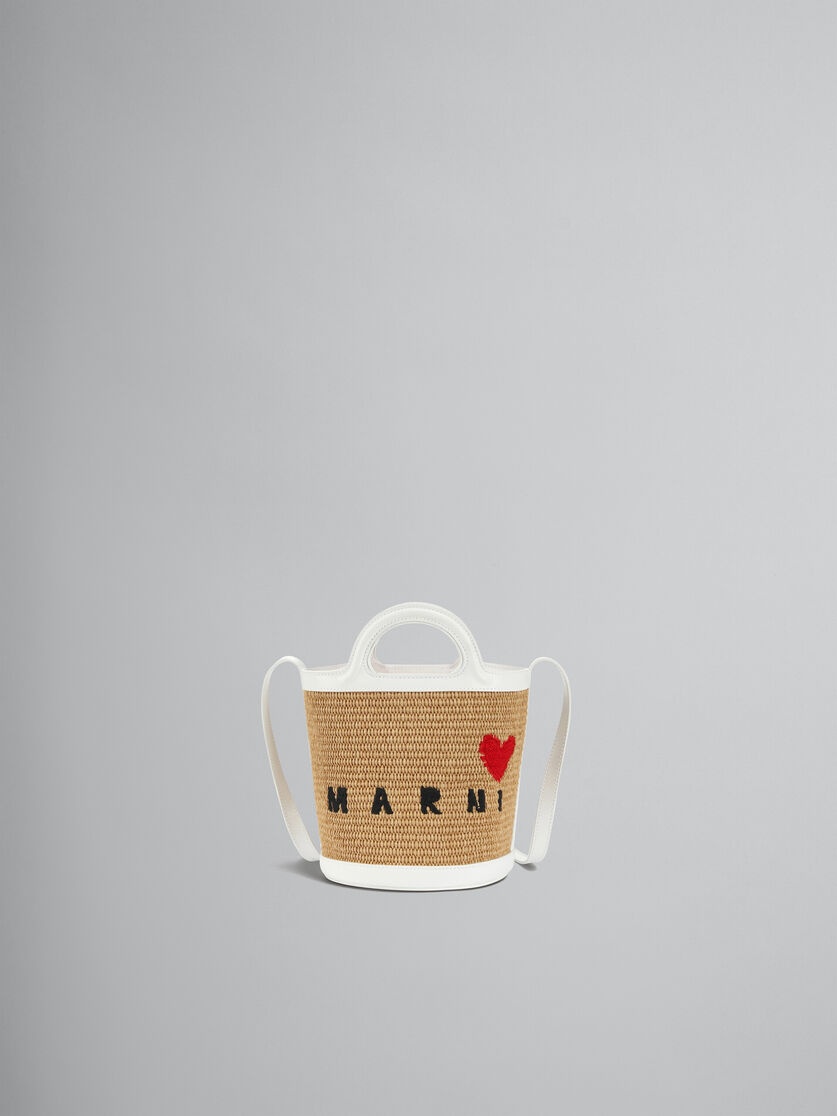 WHITE LEATHER AND RAFFIA TROPICALIA MINI BUCKET BAG WITH HEART - 1