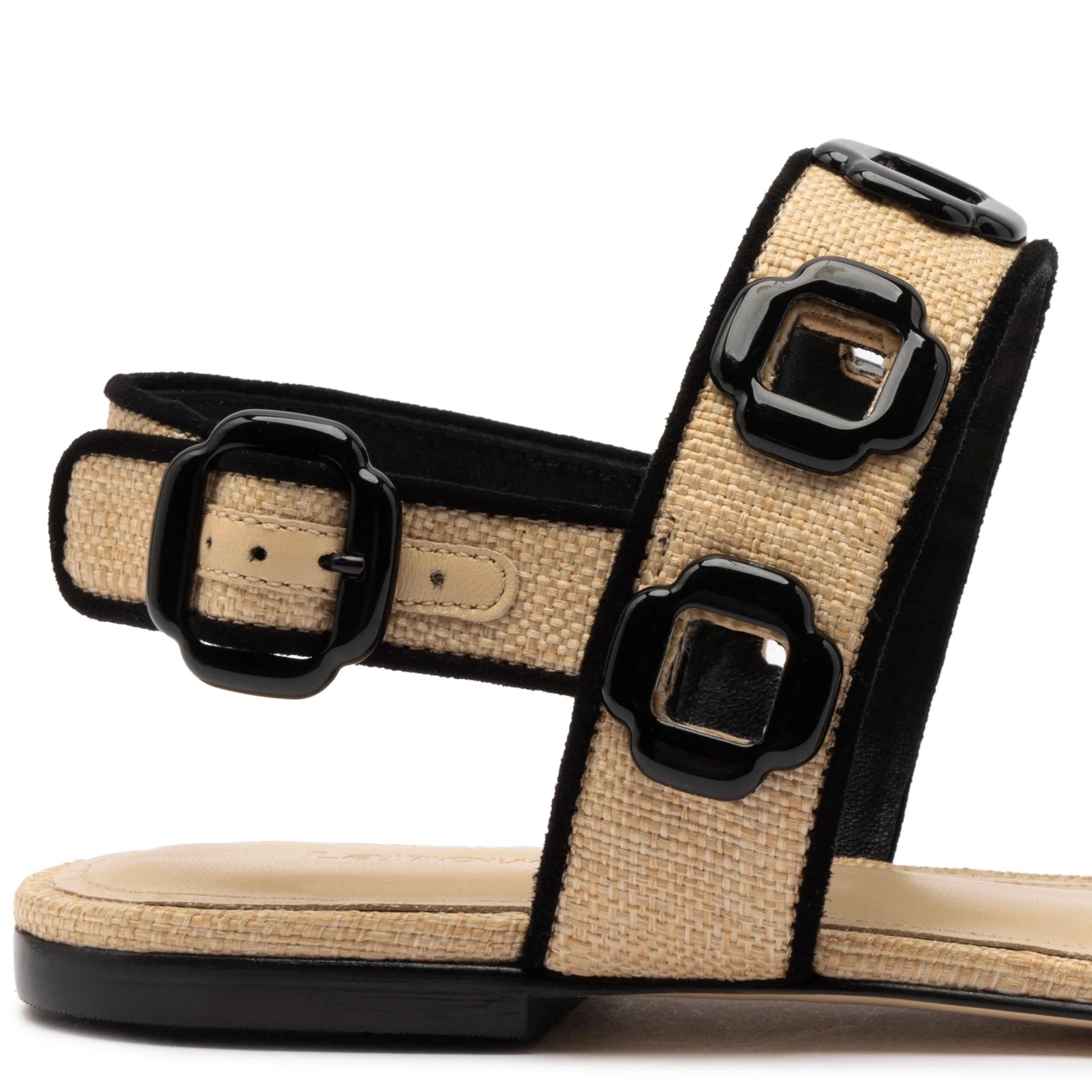 Larroude - Larroude Milan Flat Sandal In Beige Raffia Black-Trim - 4