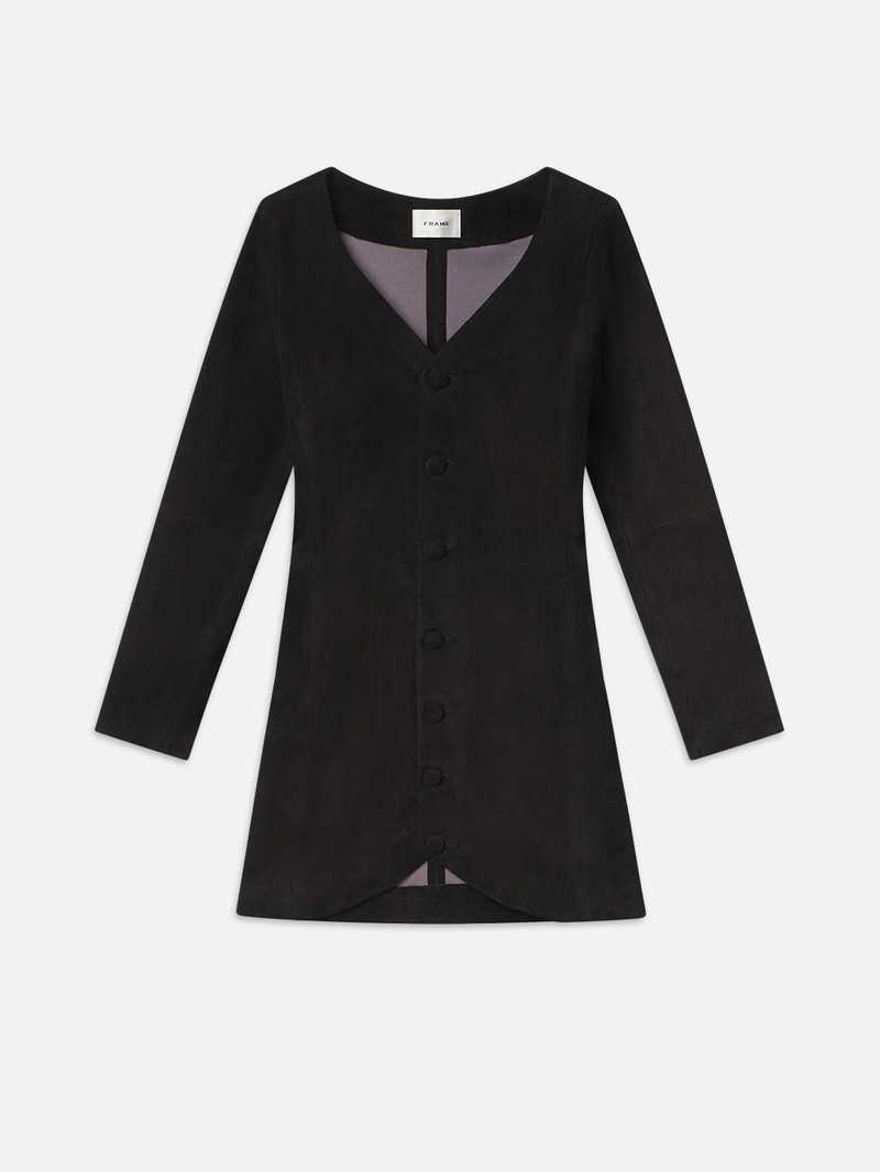 Suede Button Front Mini Dress in Black 1