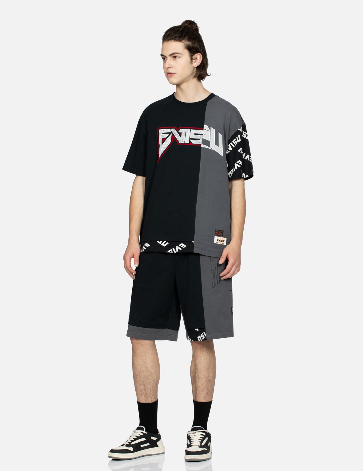 LOGO PRINT AND SEAGULL EMBROIDERY PATCHWORK SWEAT SHORTS - 3