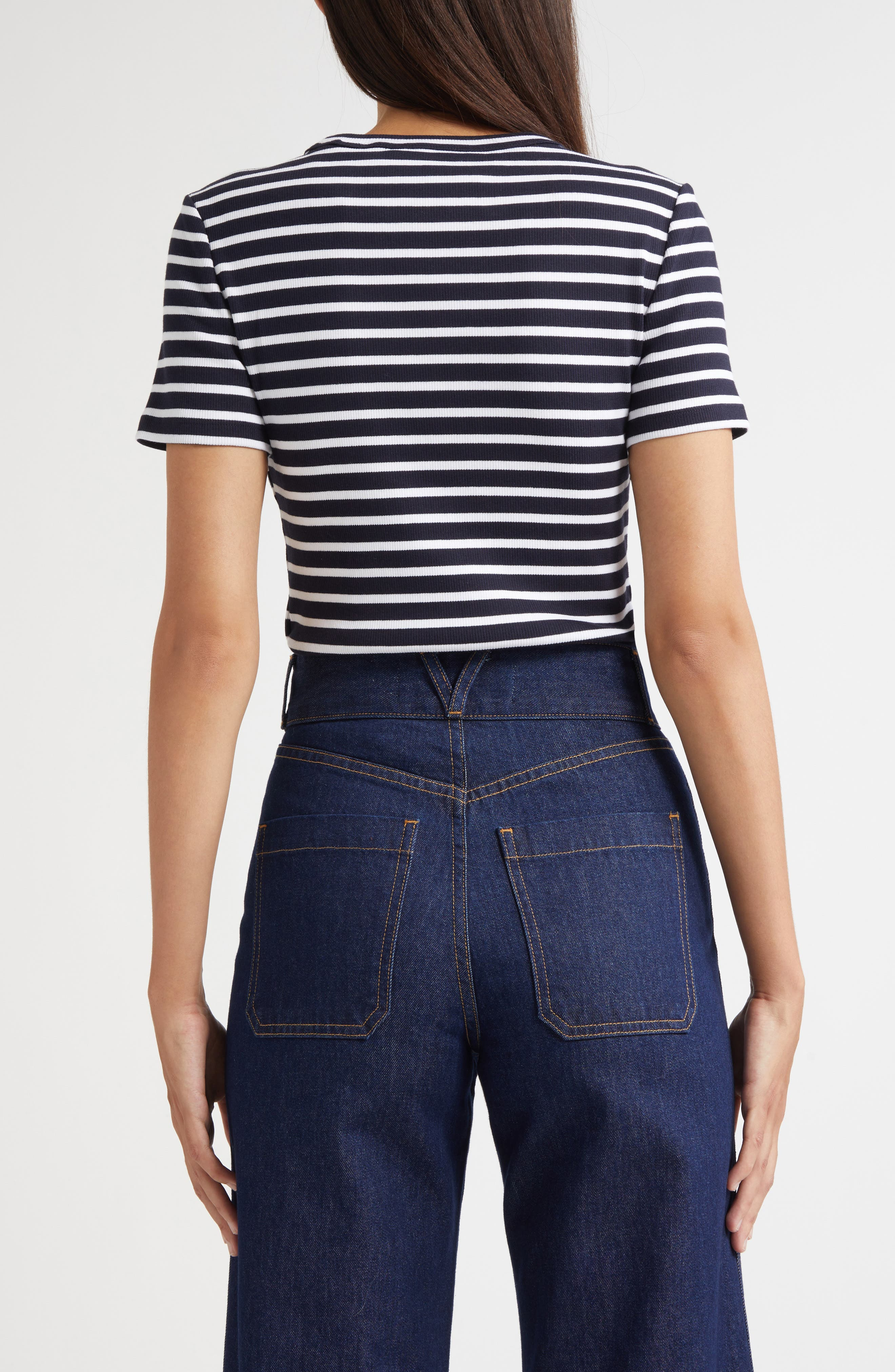Veronica Beard Pruitt Stripe Stretch Cotton T-Shirt in Navy White at Nordstrom - 3