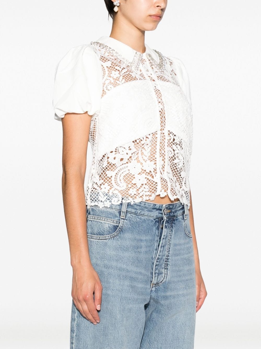 faux-pearl detail guipure-lace blouse - 3