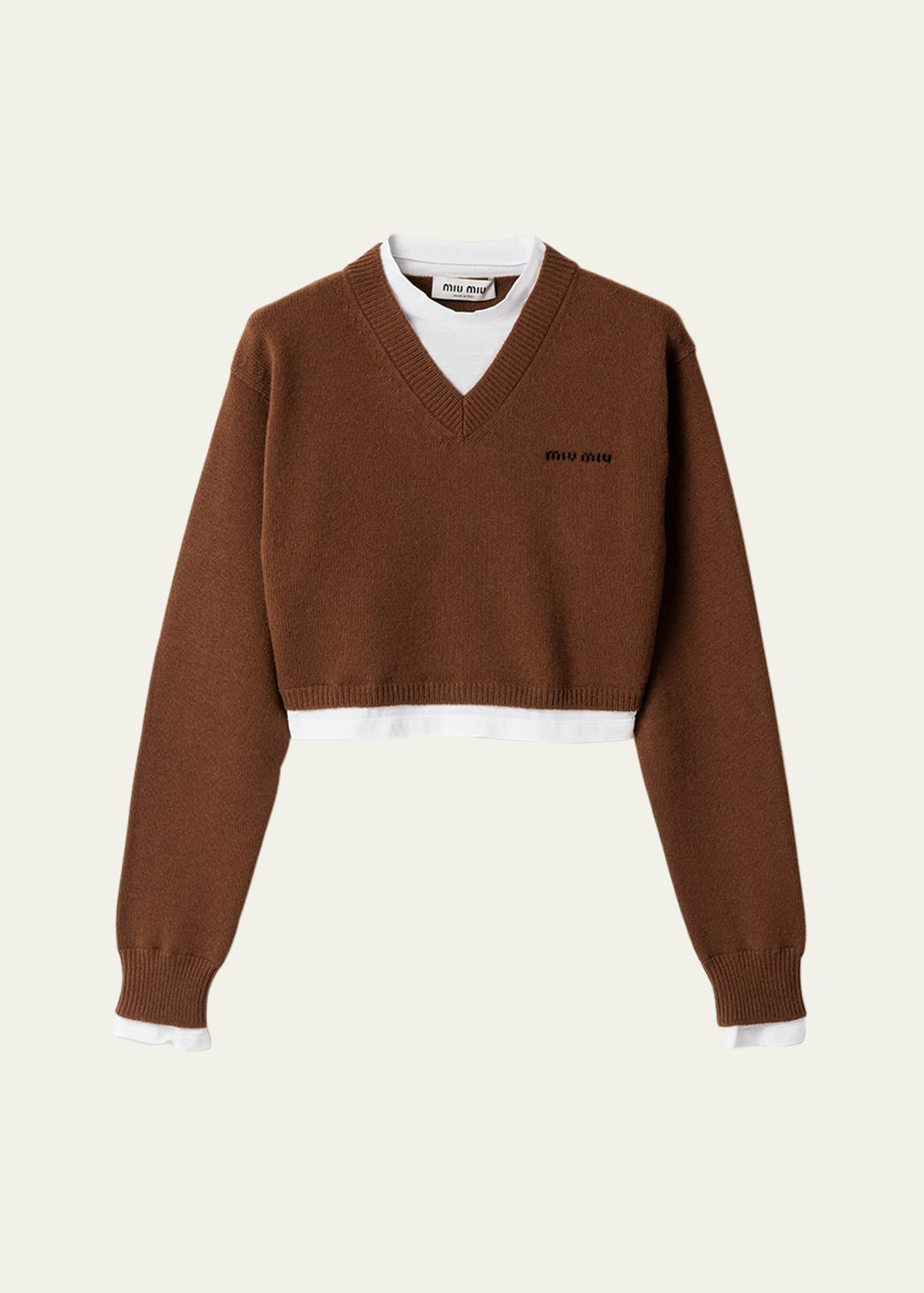 V-Neck Layered Cashmere Knit Crop Sweater - 1