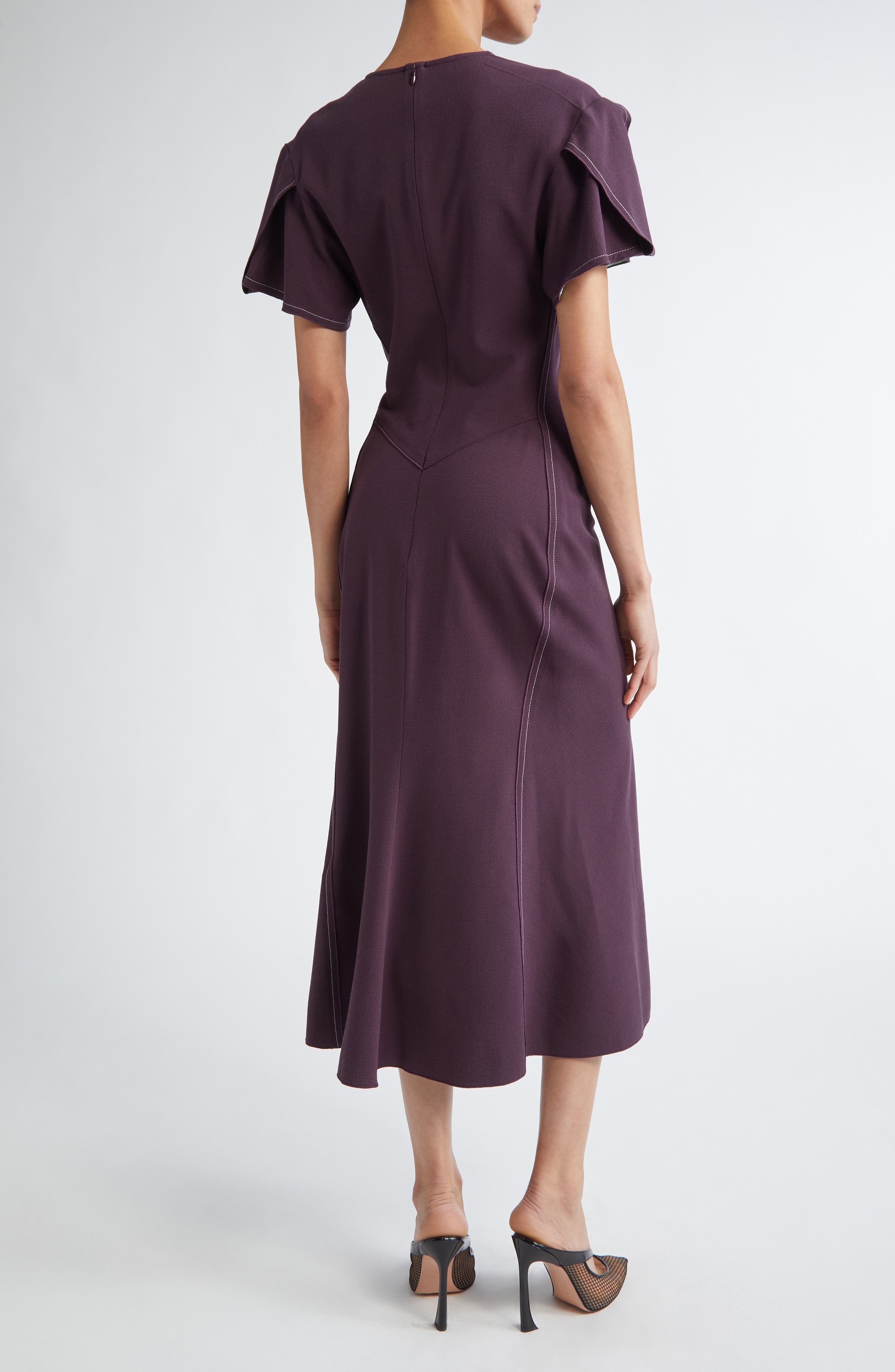 Victoria Beckham Gathered Wool Blend Crepe Midi Dress in Fig at Nordstrom - 2
