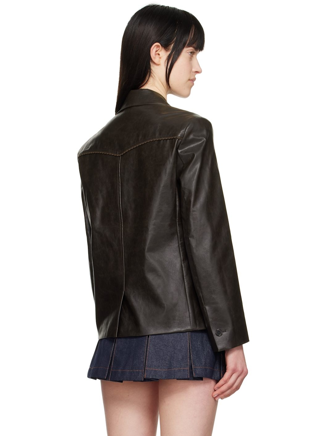 Brown Hybrid Faux-Leather Blazer - 3