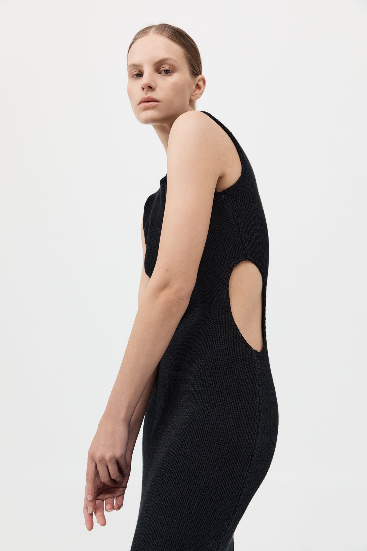 Linen Silk Blend Cut Out Dress - Black - 3