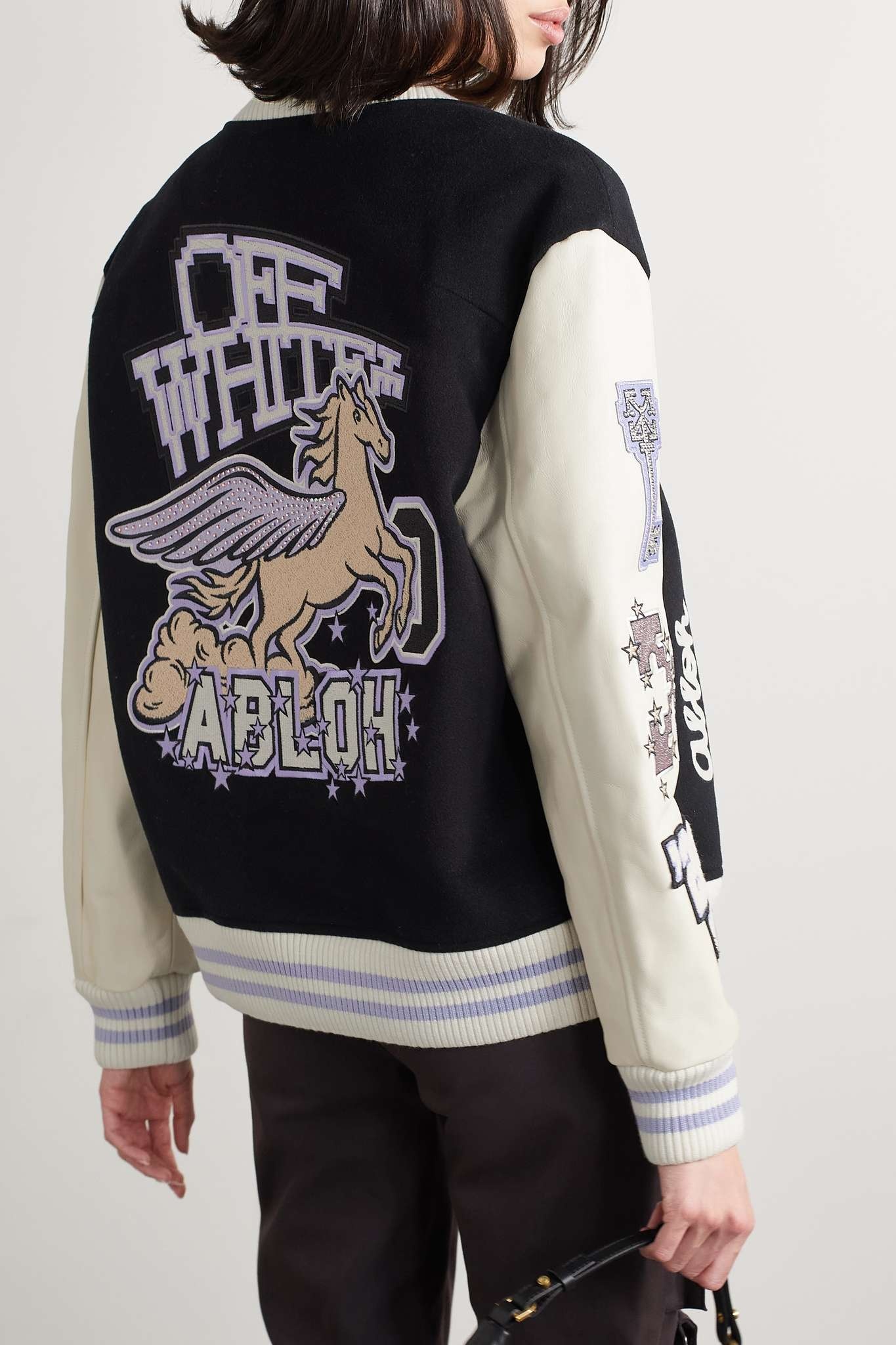 Appliquéd embroidered wool-blend and leather bomber jacket - 3