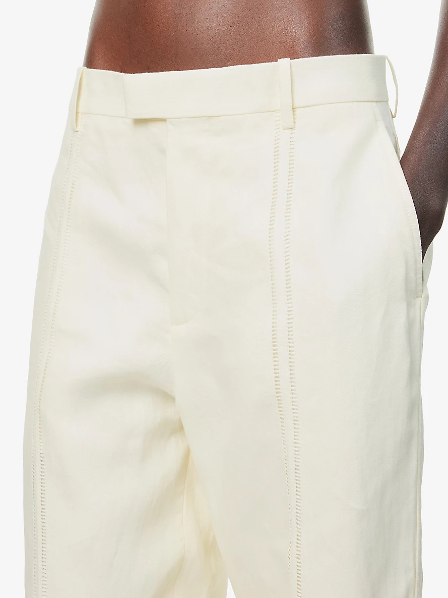 Perforated-trim straight-leg high-rise linen trousers - 5