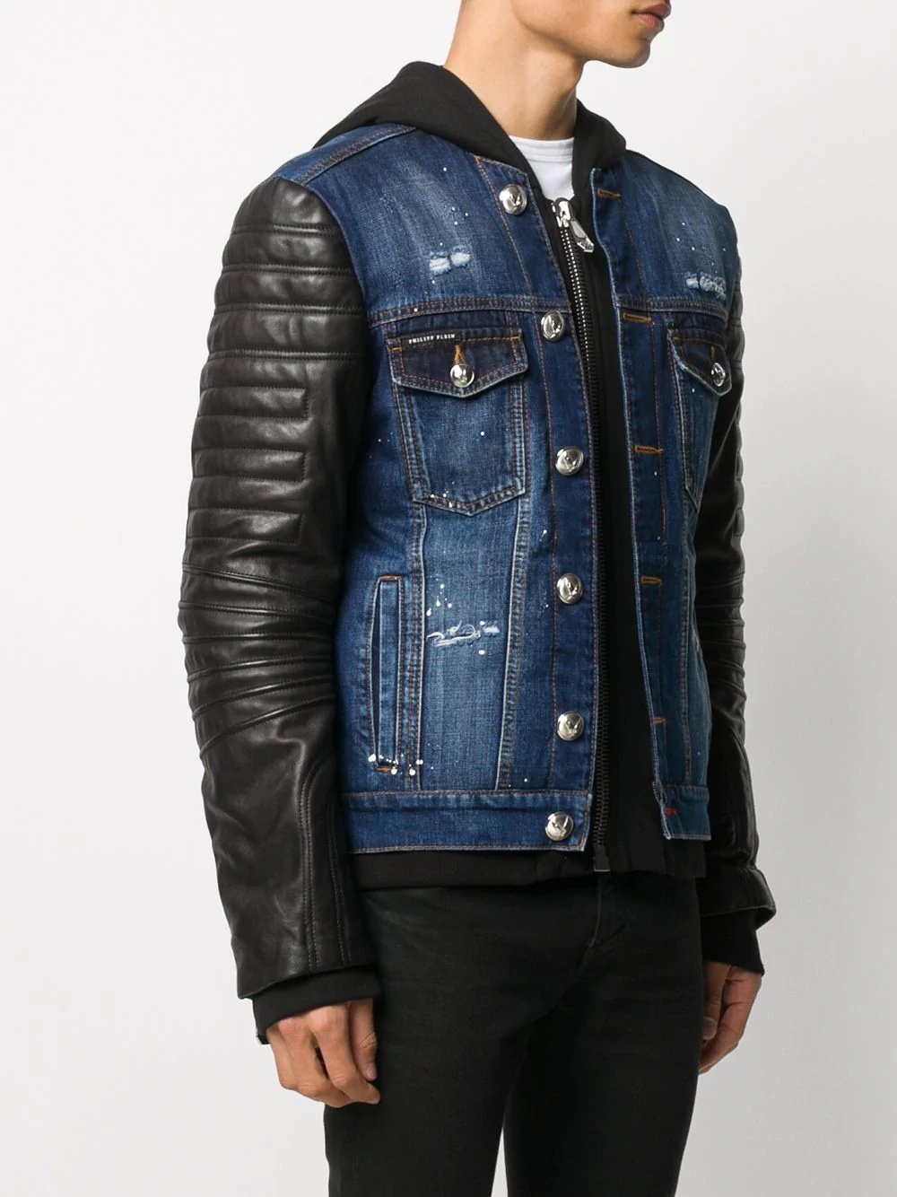 leather panel denim jacket - 3