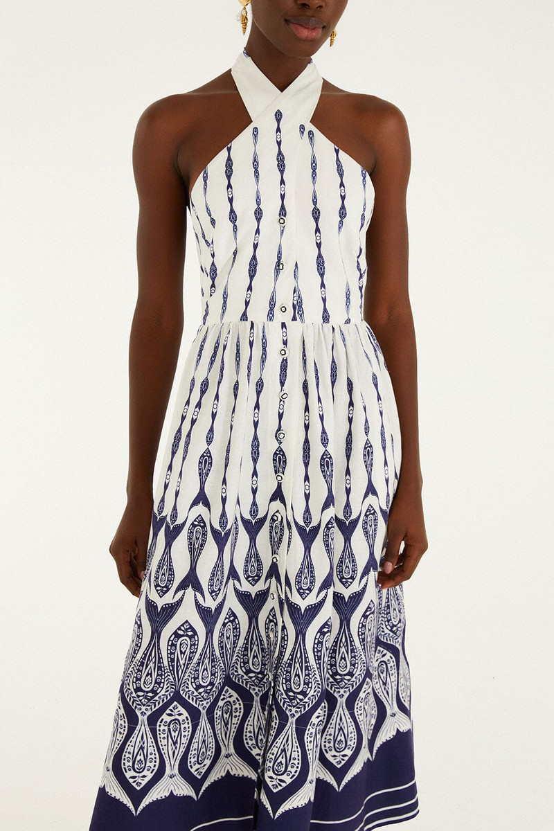 Off-White Fishes Flow Halter Neck Lenzing Ecovero Euroflax Midi Dress 3