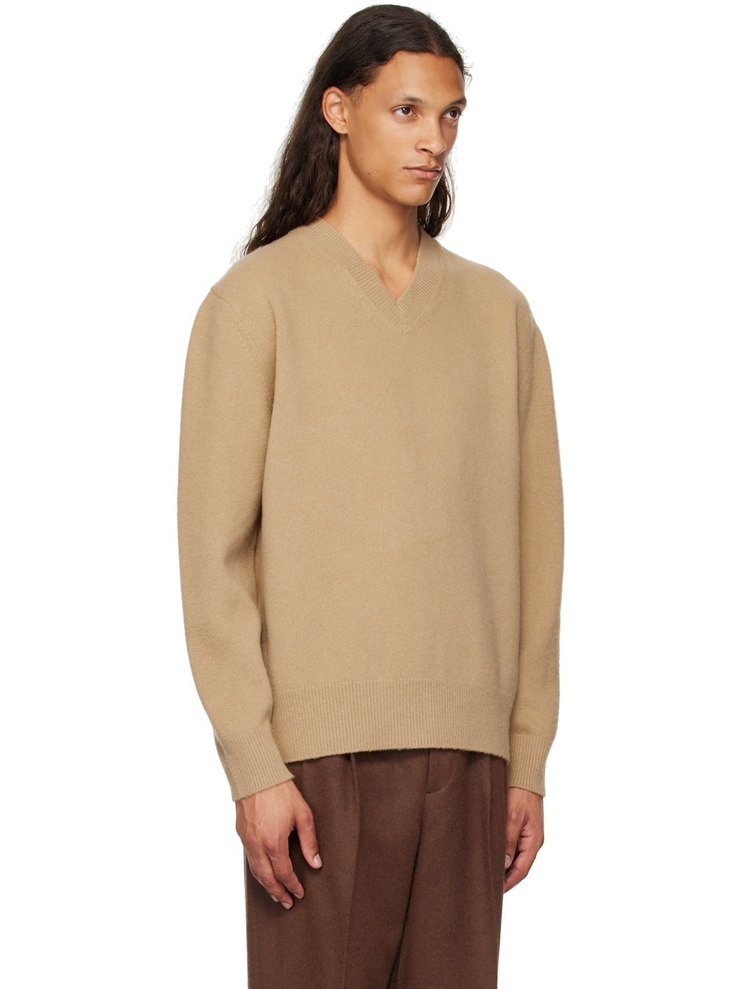 Beige Relaxed V-Neck Sweater - 2