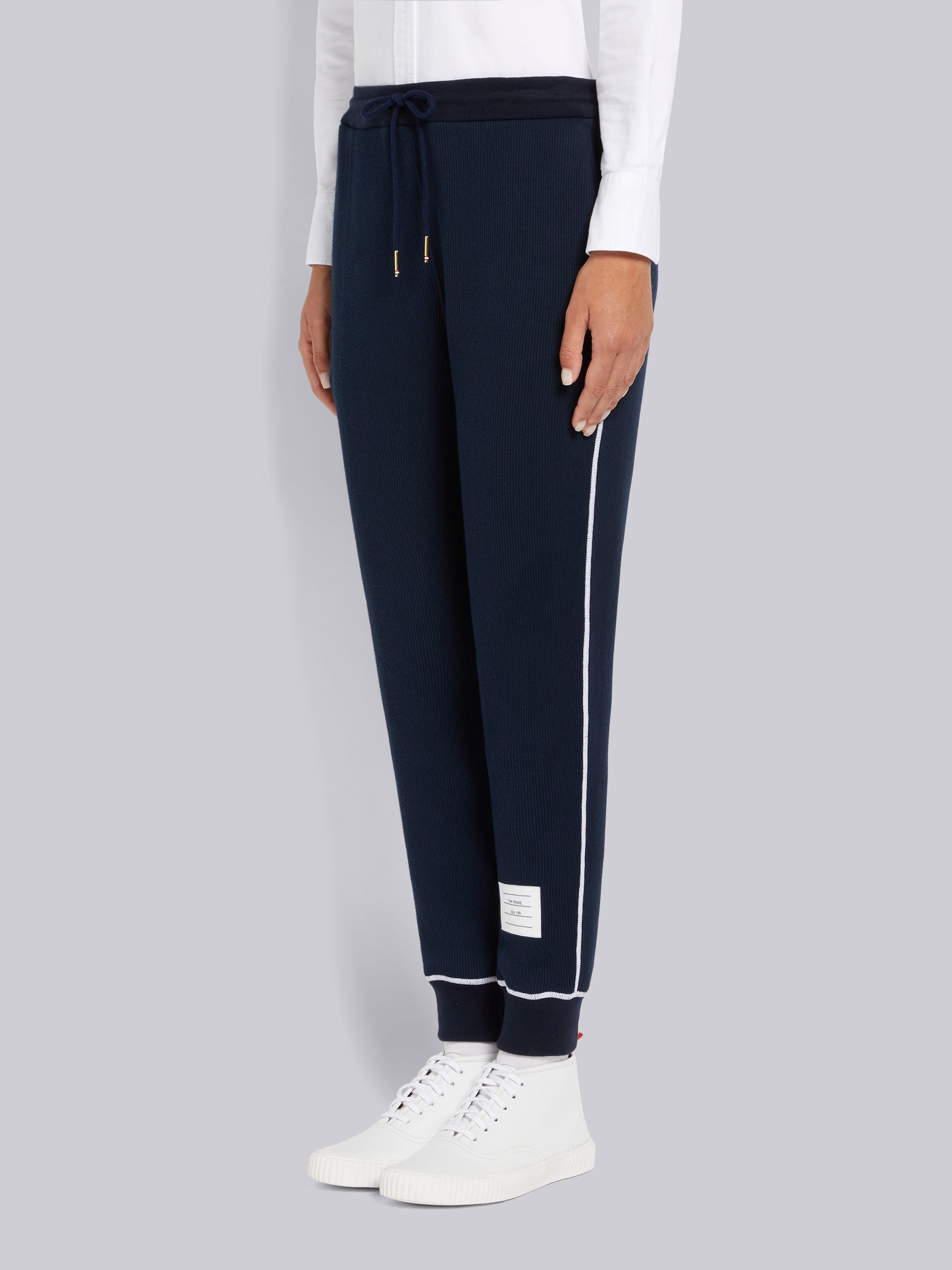 Navy Mesh Back Cotton Rib Contrast Cover Stitch Sweatpants - 2