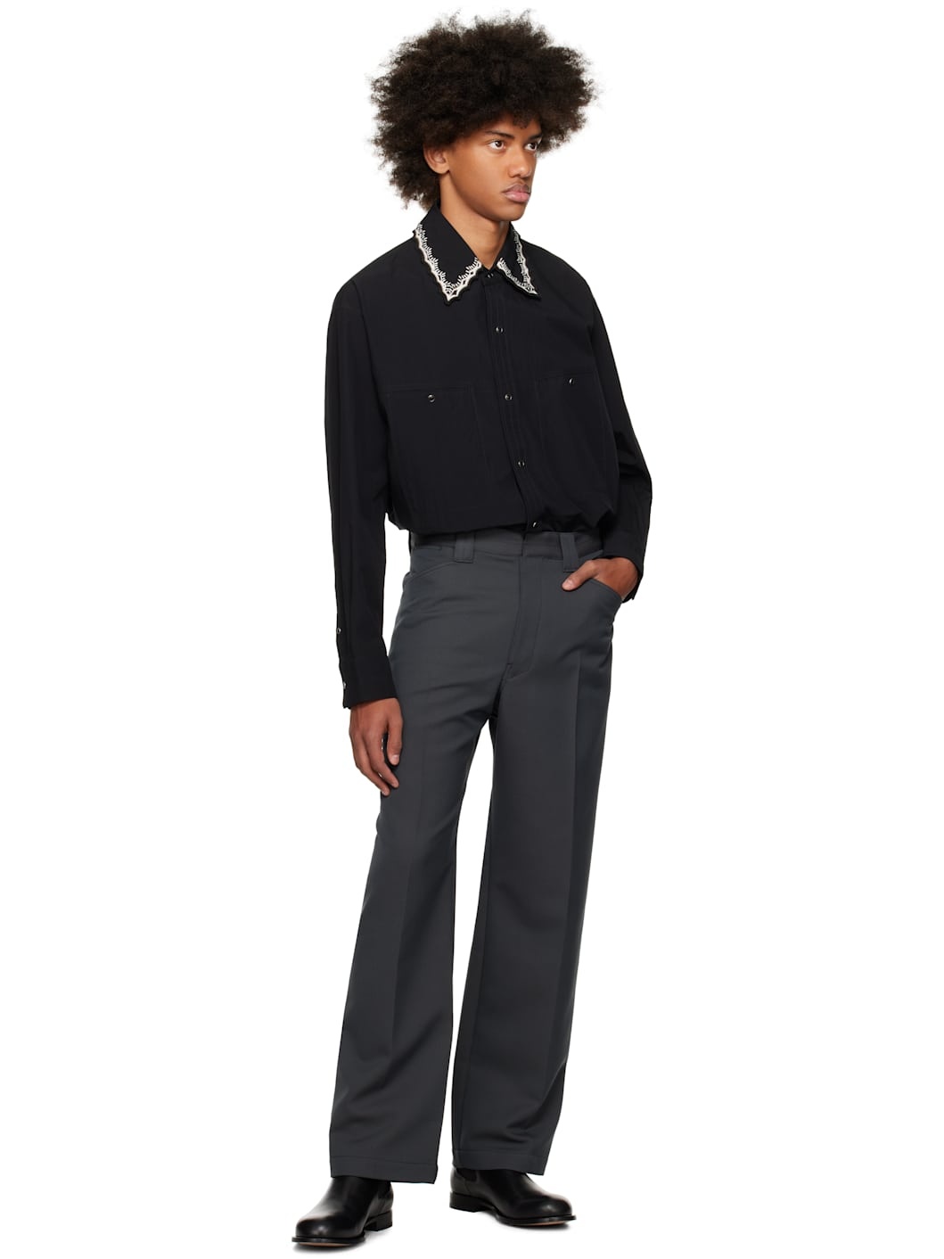 Black Embroidered Collar Shirt - 5