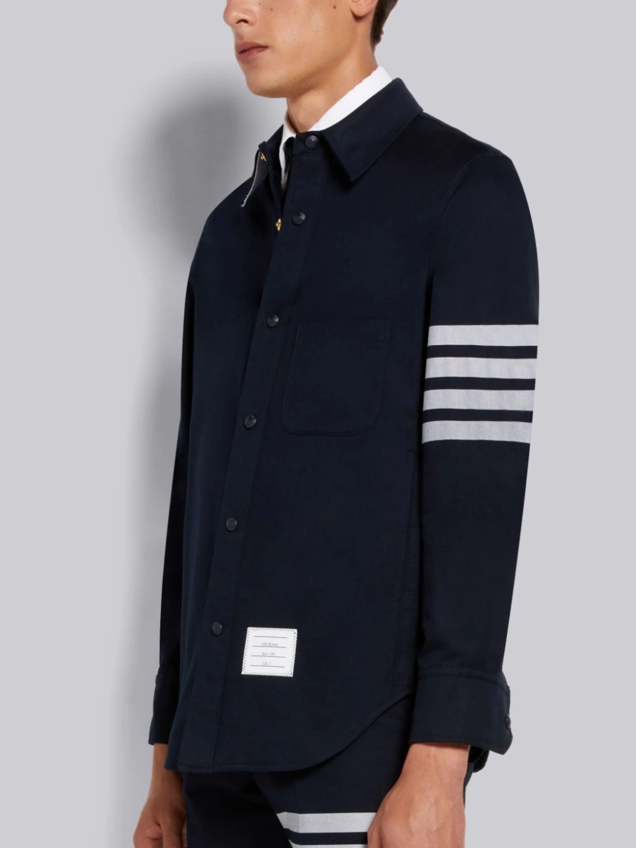 Thom Browne 4-Bar stripe logo-patch shirt jacket | REVERSIBLE