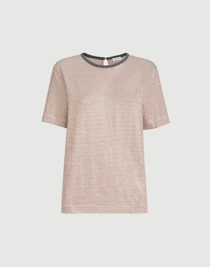 Striped linen lamé jersey T-shirt with shiny trim 1
