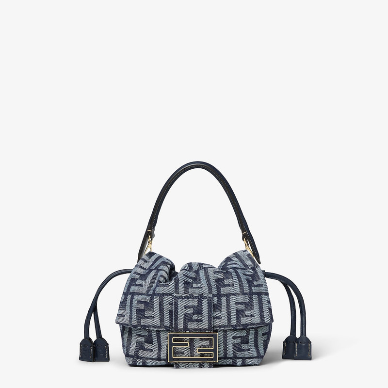 Mamma Baguette Small Dark blue denim-effect FF jacquard mini-bag 1