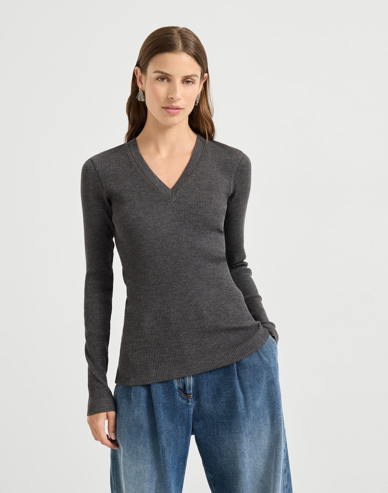 Ribbed wool jersey top with shiny trim 1