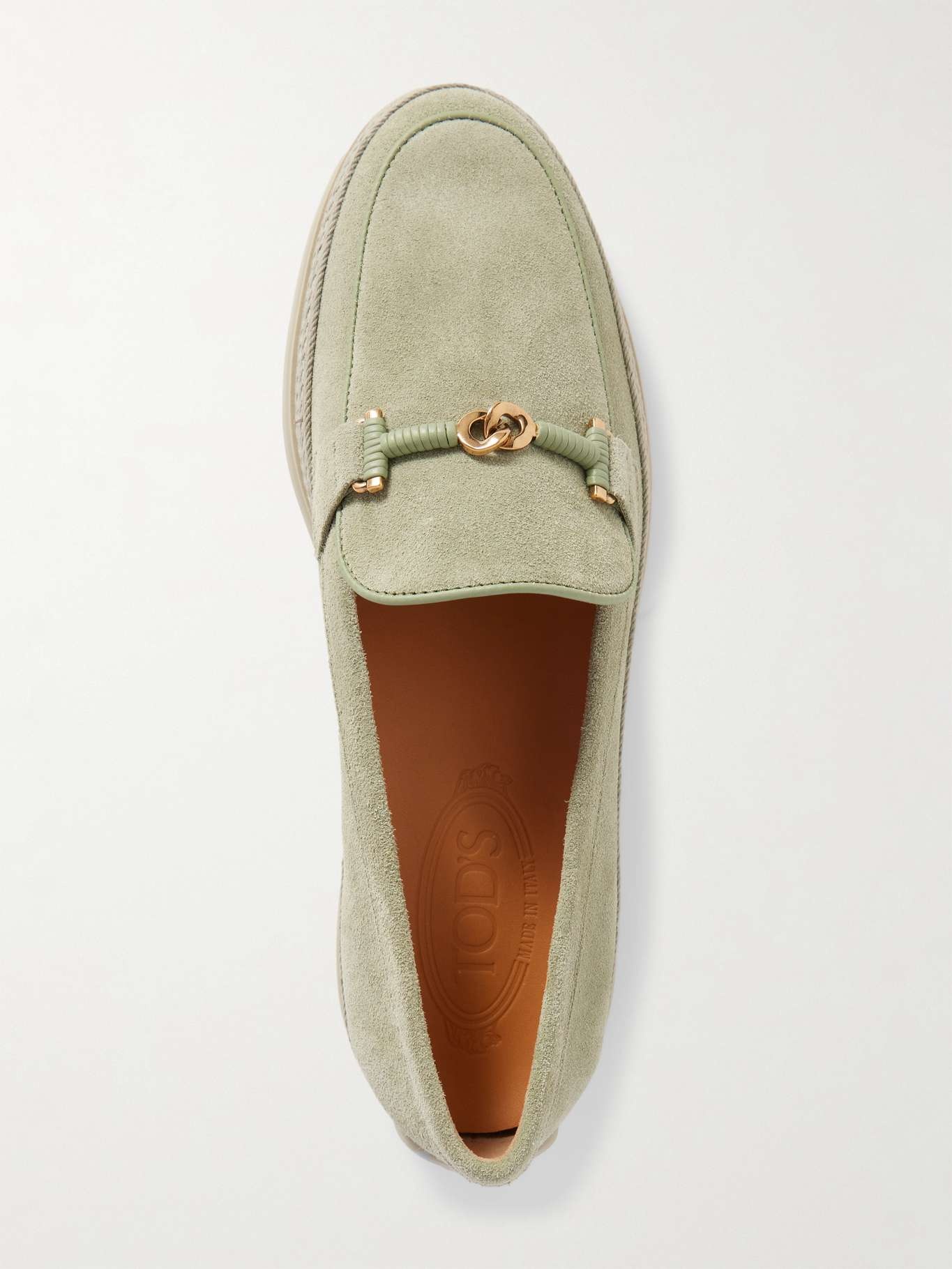 Gomma embellished leather and raffia-trimmed suede loafers Sage green - 5