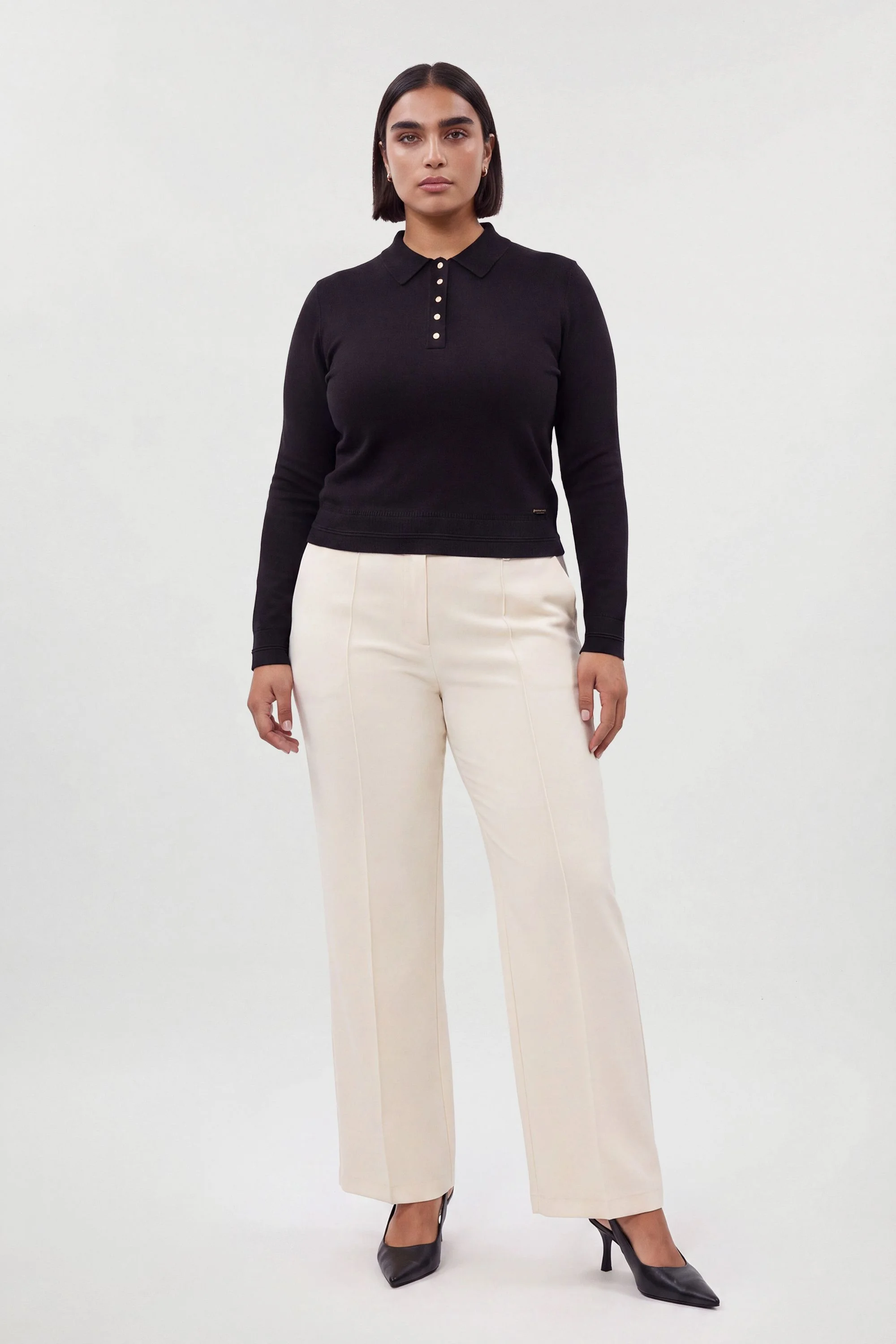 Plus Size Forever Viscose Blend Knitted Collared Long Sleeve Polo Top - 1