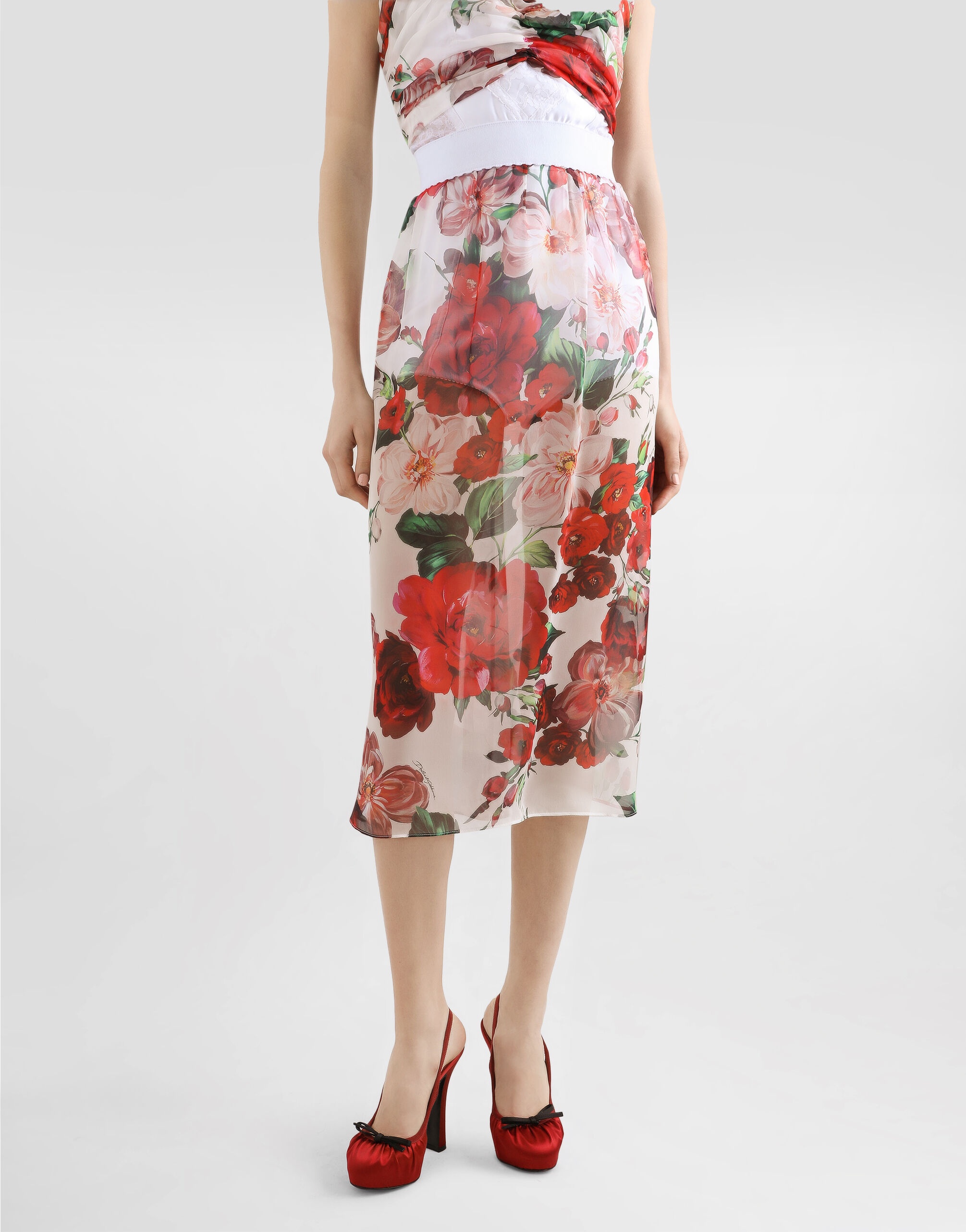 Rose-print chiffon calf-length skirt - 4