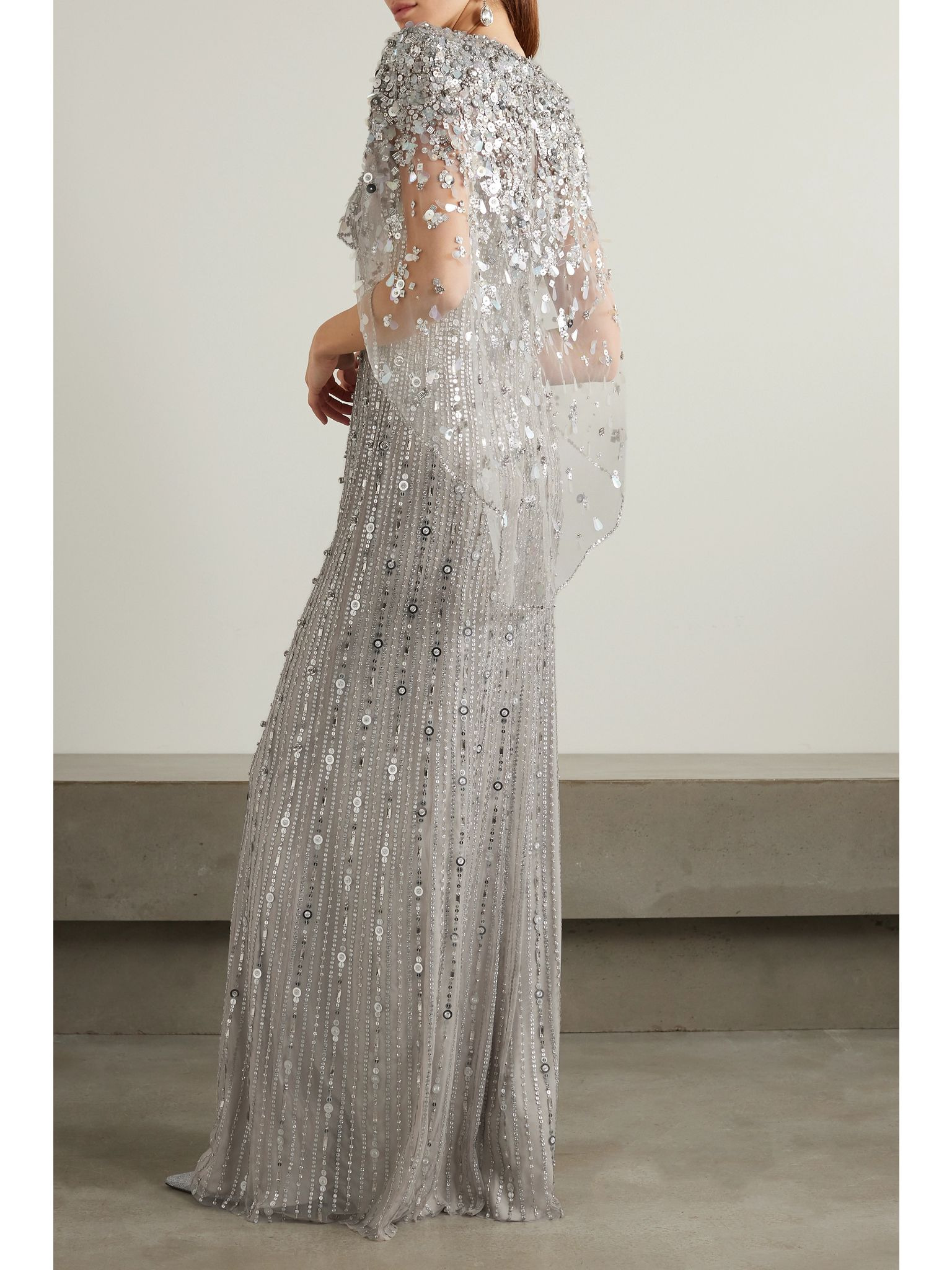 Nettie cape-effect embellished sequined tulle gown Platinum - 3