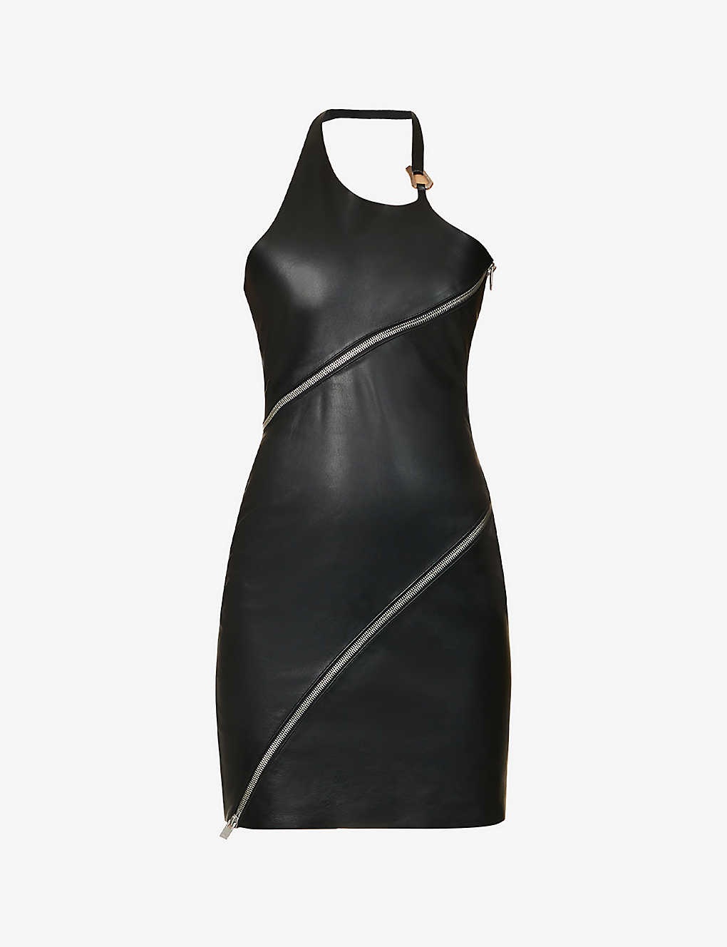 Zip-embellished halterneck leather mini dress - 1
