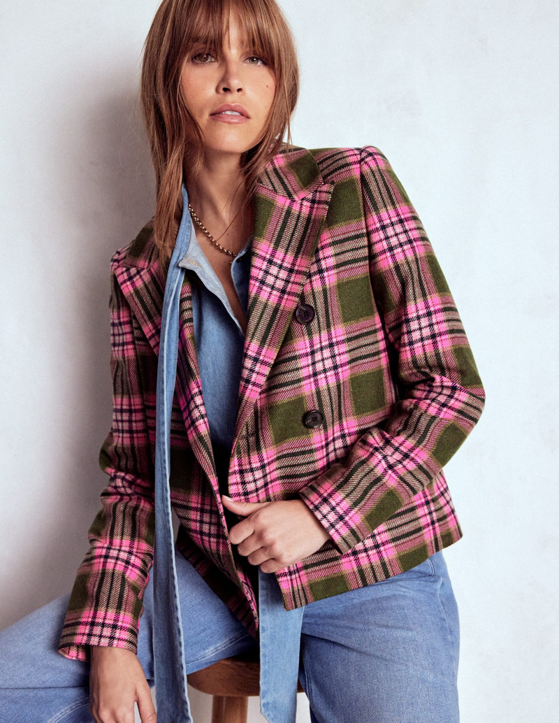 Boxy Double Breasted Blazer-Olive Green and Pink Check 7