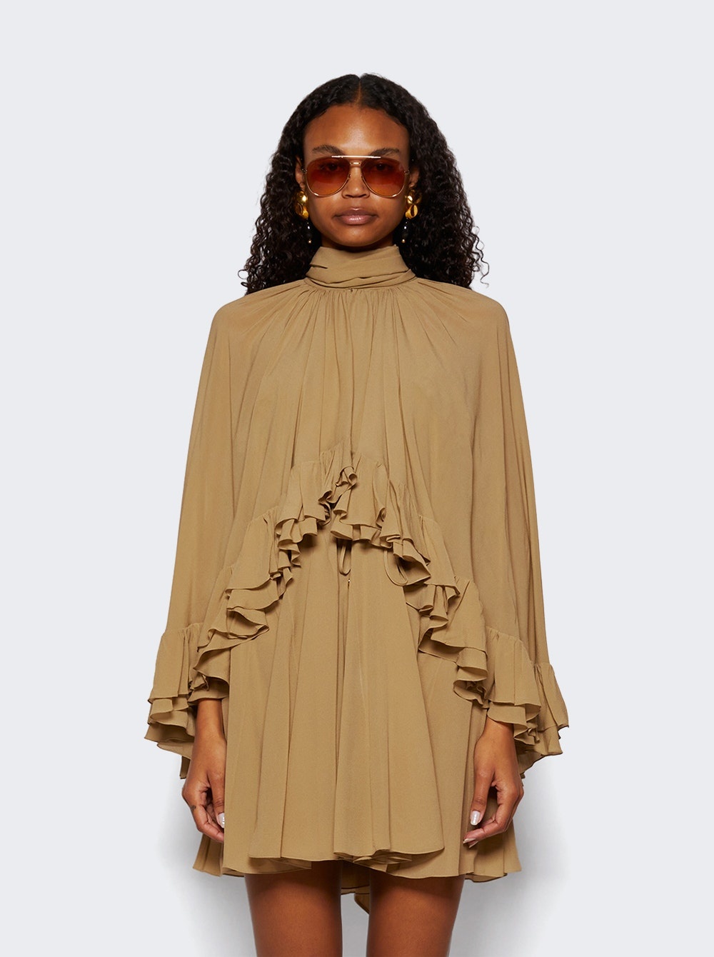 Mini  Silk Georgette Cape Dress Foggy Khaki - 3