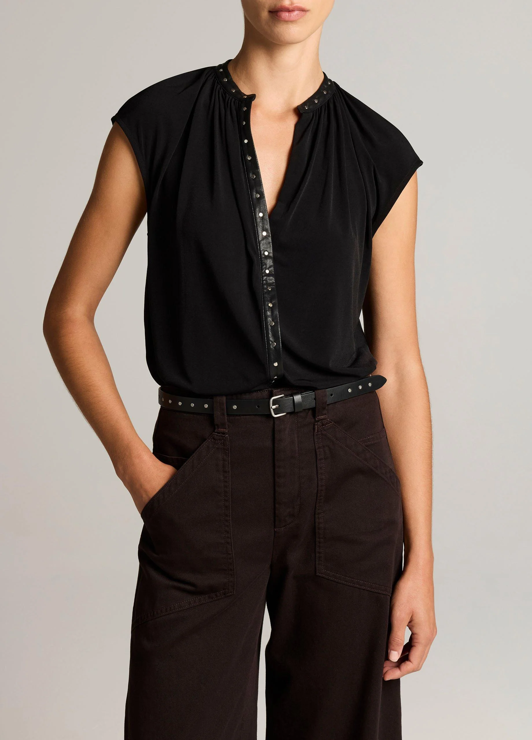 Studded Matte Jersey Cap-Sleeve Top - 1