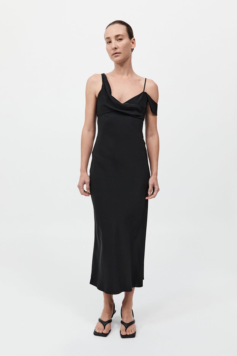 Silk Drape Dress - Black - 5