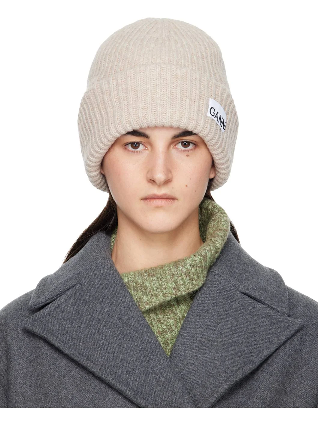Beige Oversized Wool Rib Knit Beanie - 1