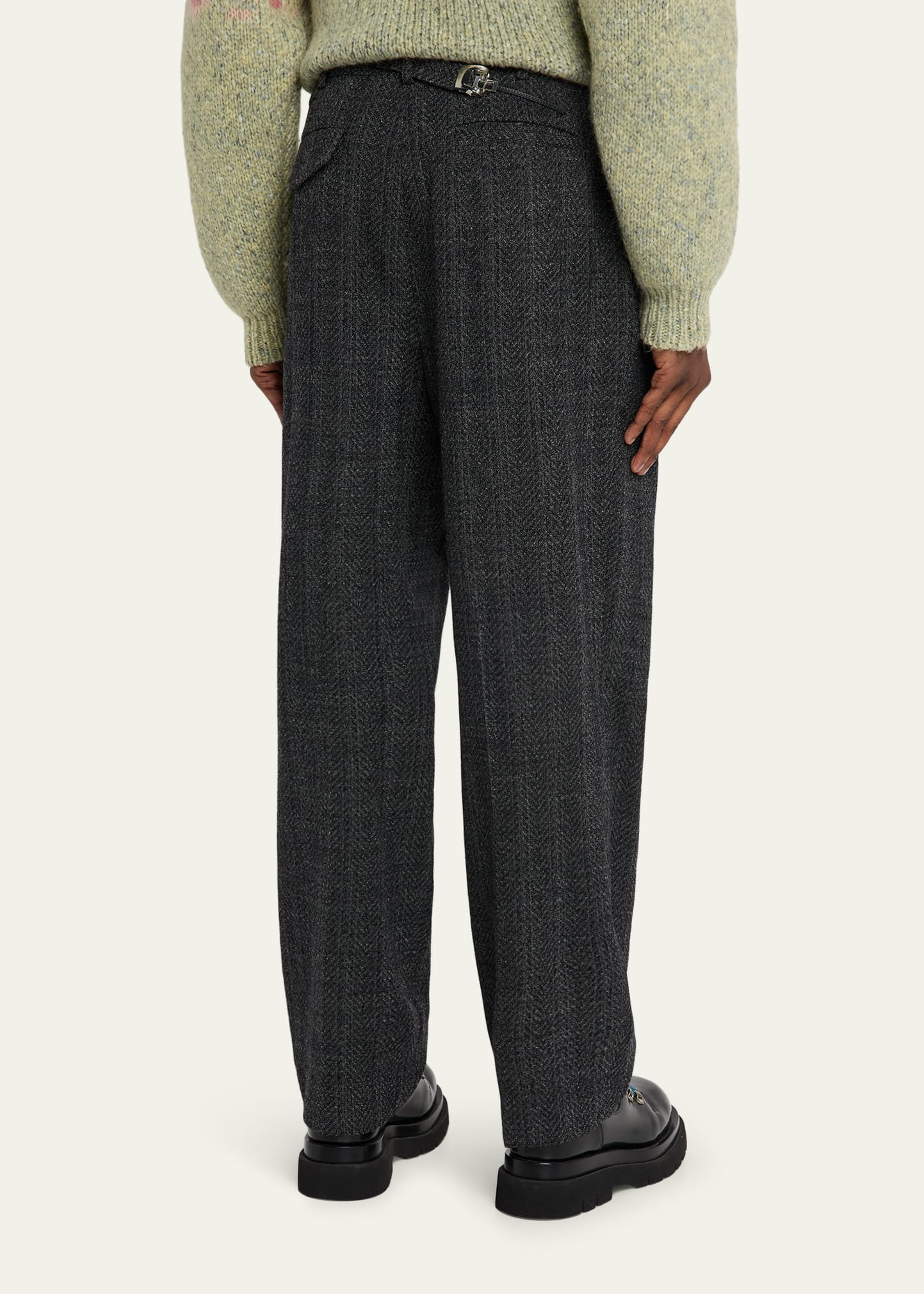 Men's Regolatore Relaxed Wool Herringbone Pleated Pants - 3