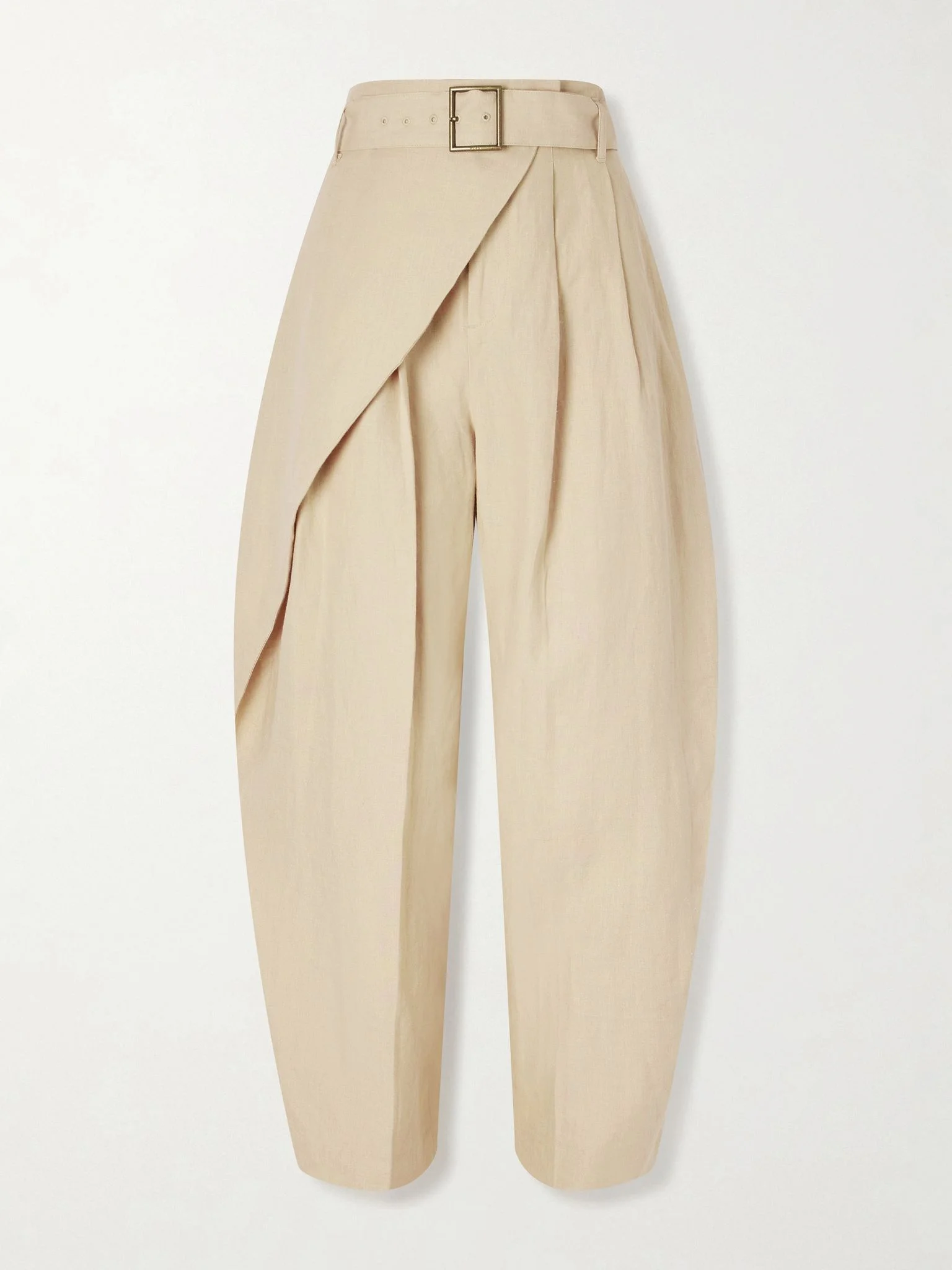 Belted wrap-effect pleated linen tapered pants Tan - 1