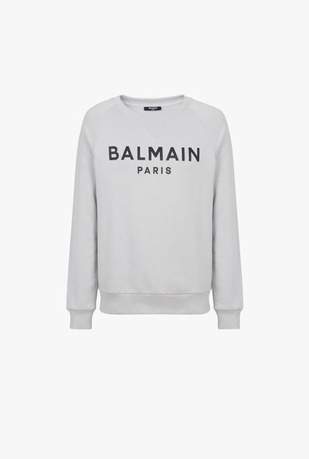 Light gray eco-designed cotton sweatshirt with black Balmain Paris metallic logo print - 1