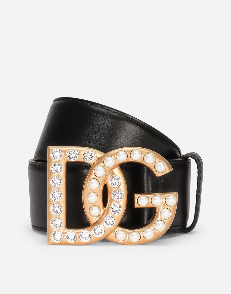 Calfskin belt with DG logo with rhinestones and pearls - 1