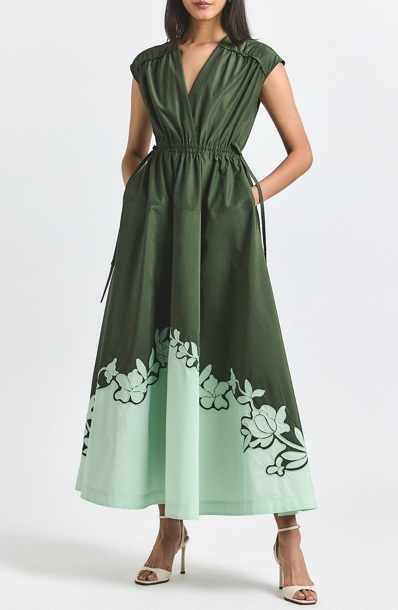 Derek Lam 10 Crosby Nara Placed Floral Appliqué Poplin Dress in Fatigue-Seafoam at Nordstrom - 1
