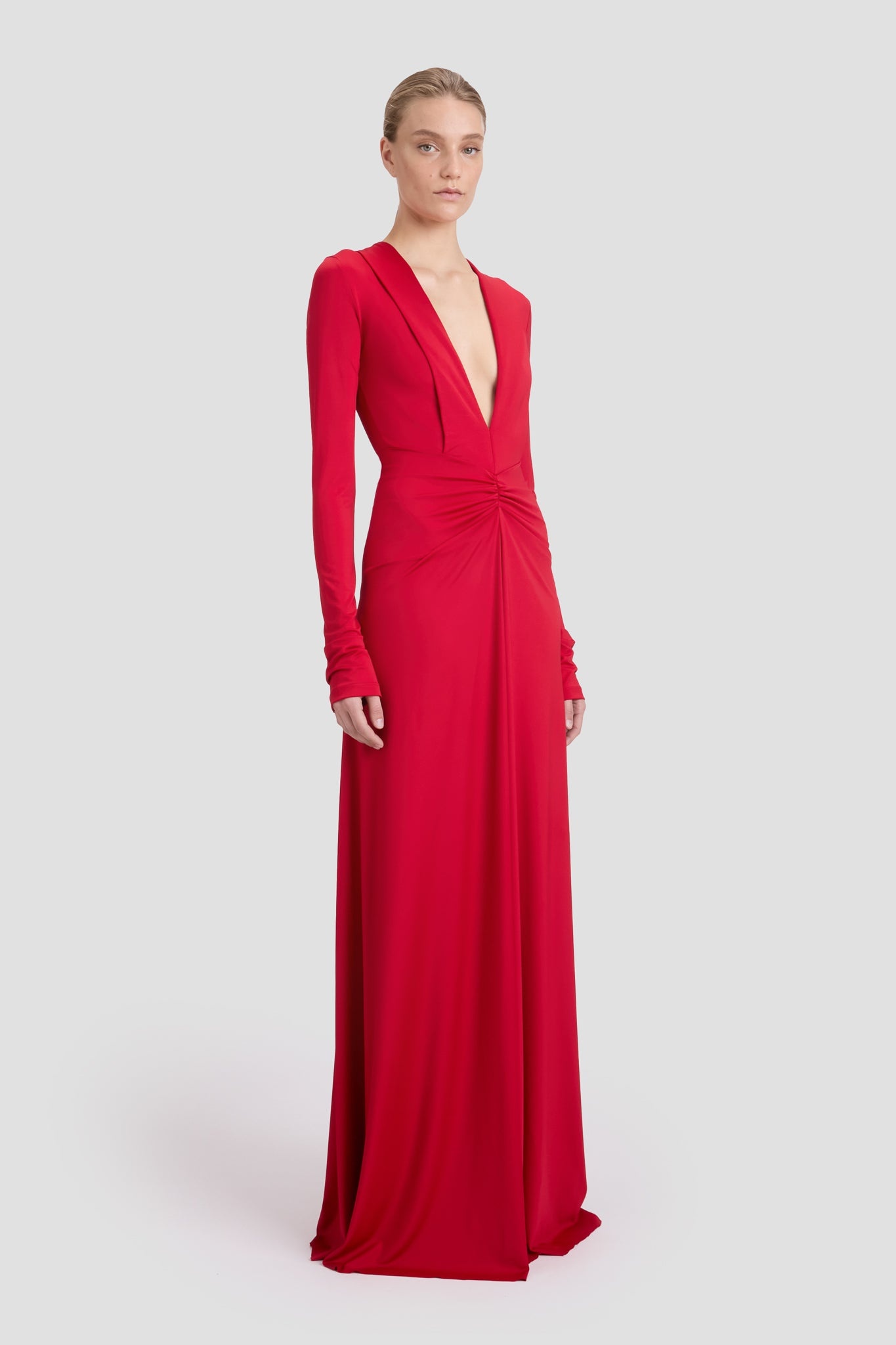 Long Sleeve Deep V-Neck Gown In Rose - 4
