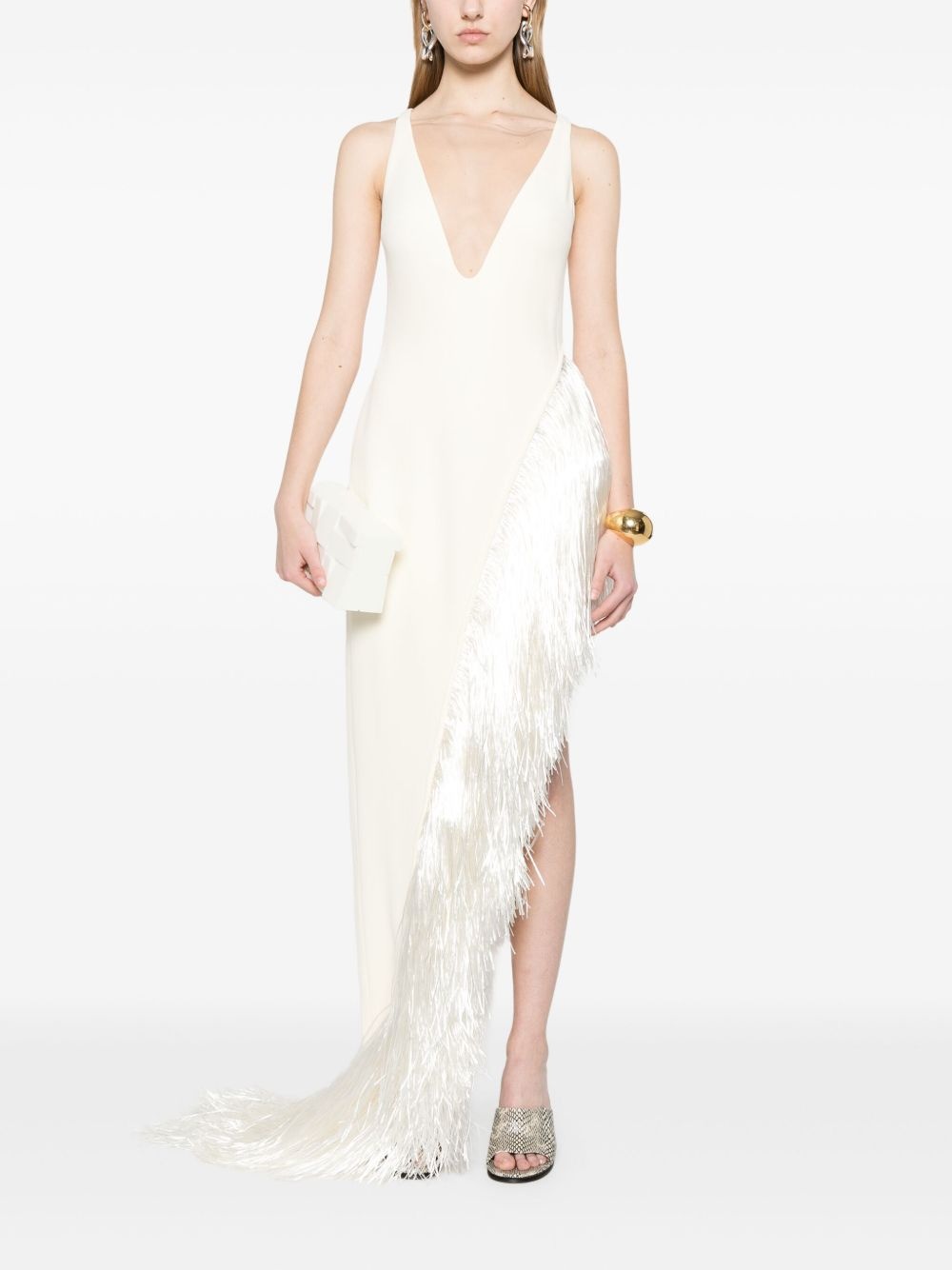 raffia-fringe asymmetric-hem gown - 2