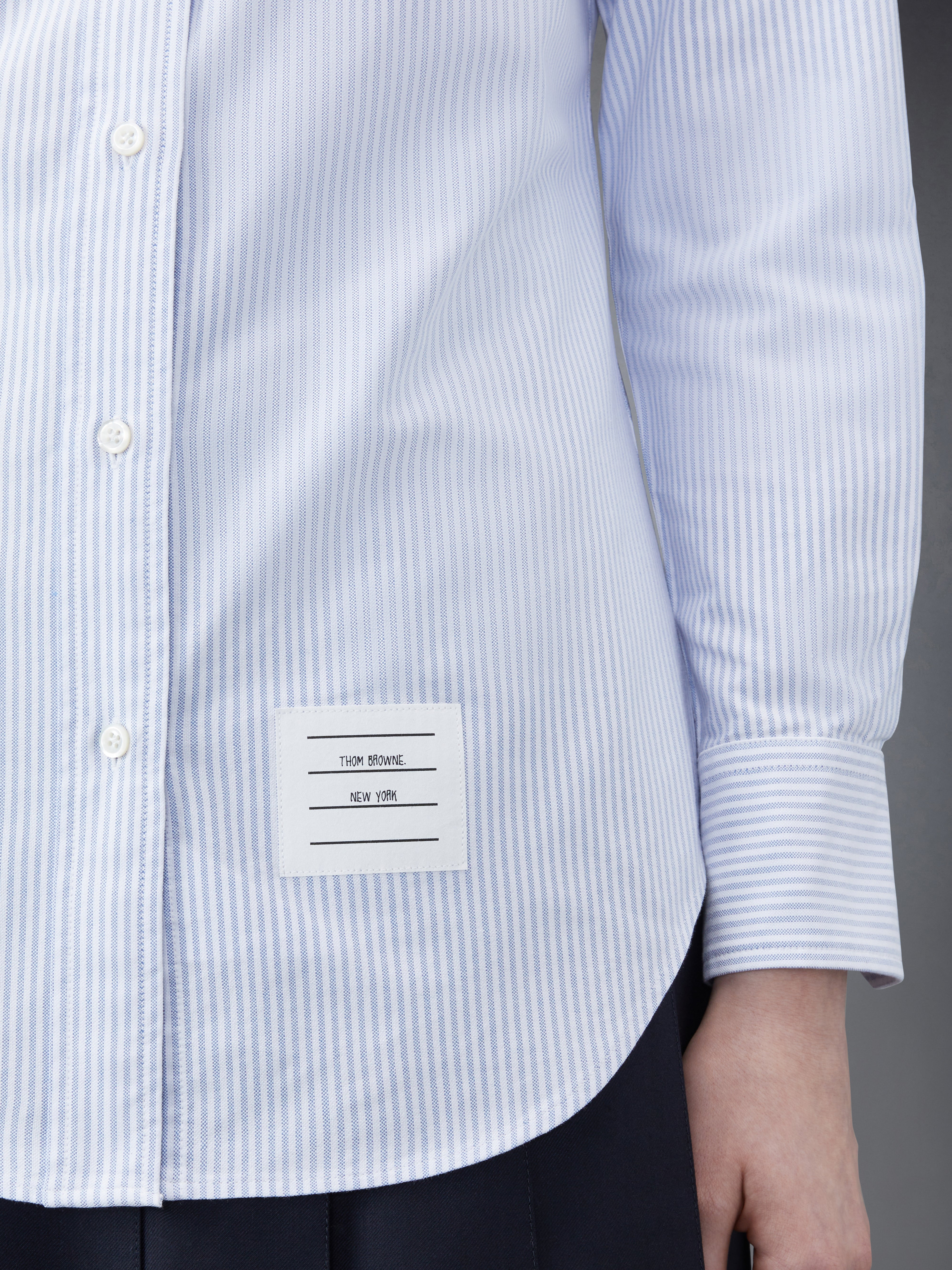 Blue University Stripe Oxford Grosgrain Armband Long Sleeve Shirt - 6