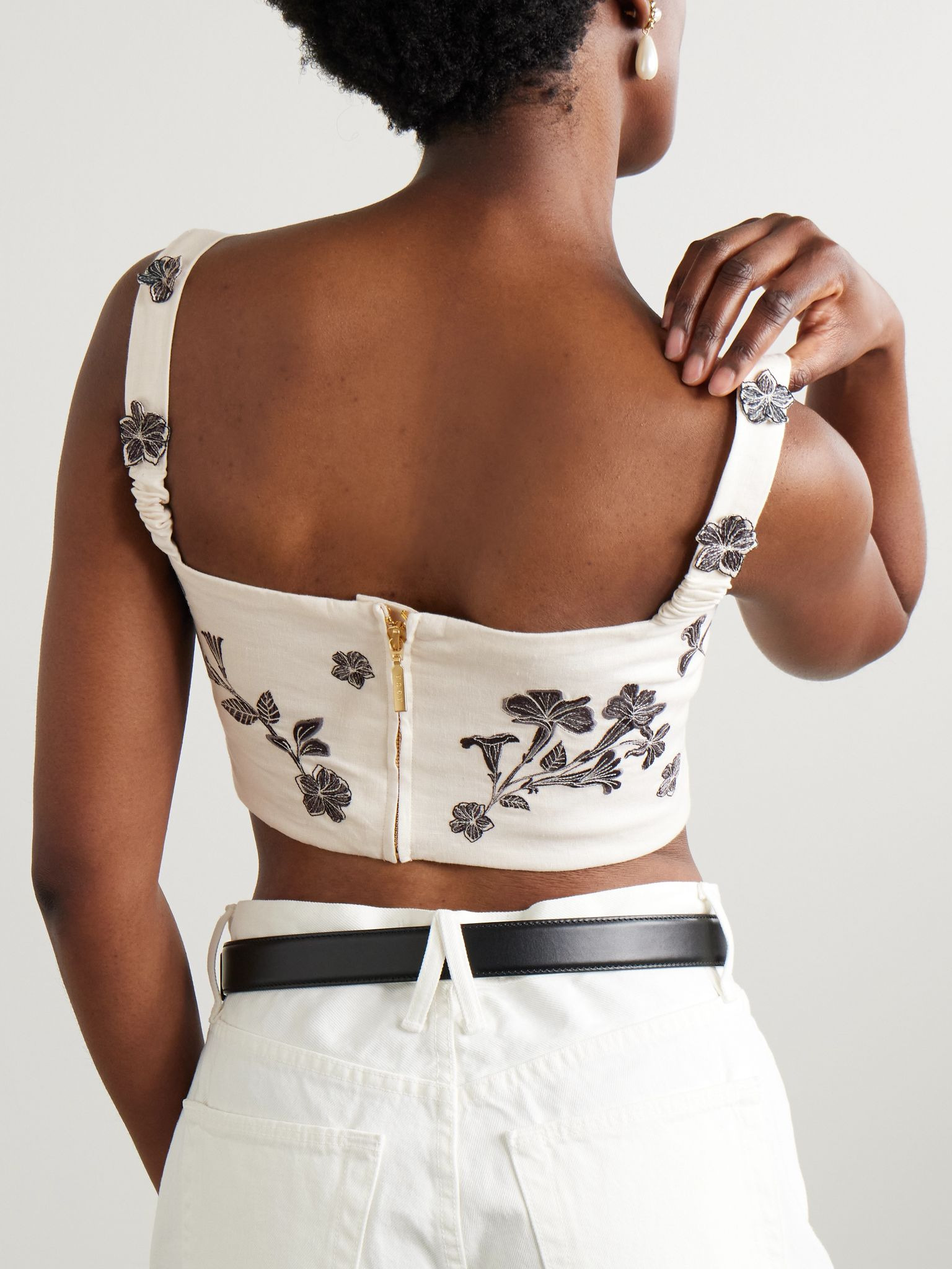 Cacao Guayacan cropped appliquéd embroidered linen top Cream - 3