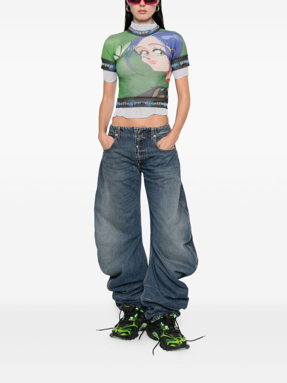 anime-print mesh top - 2