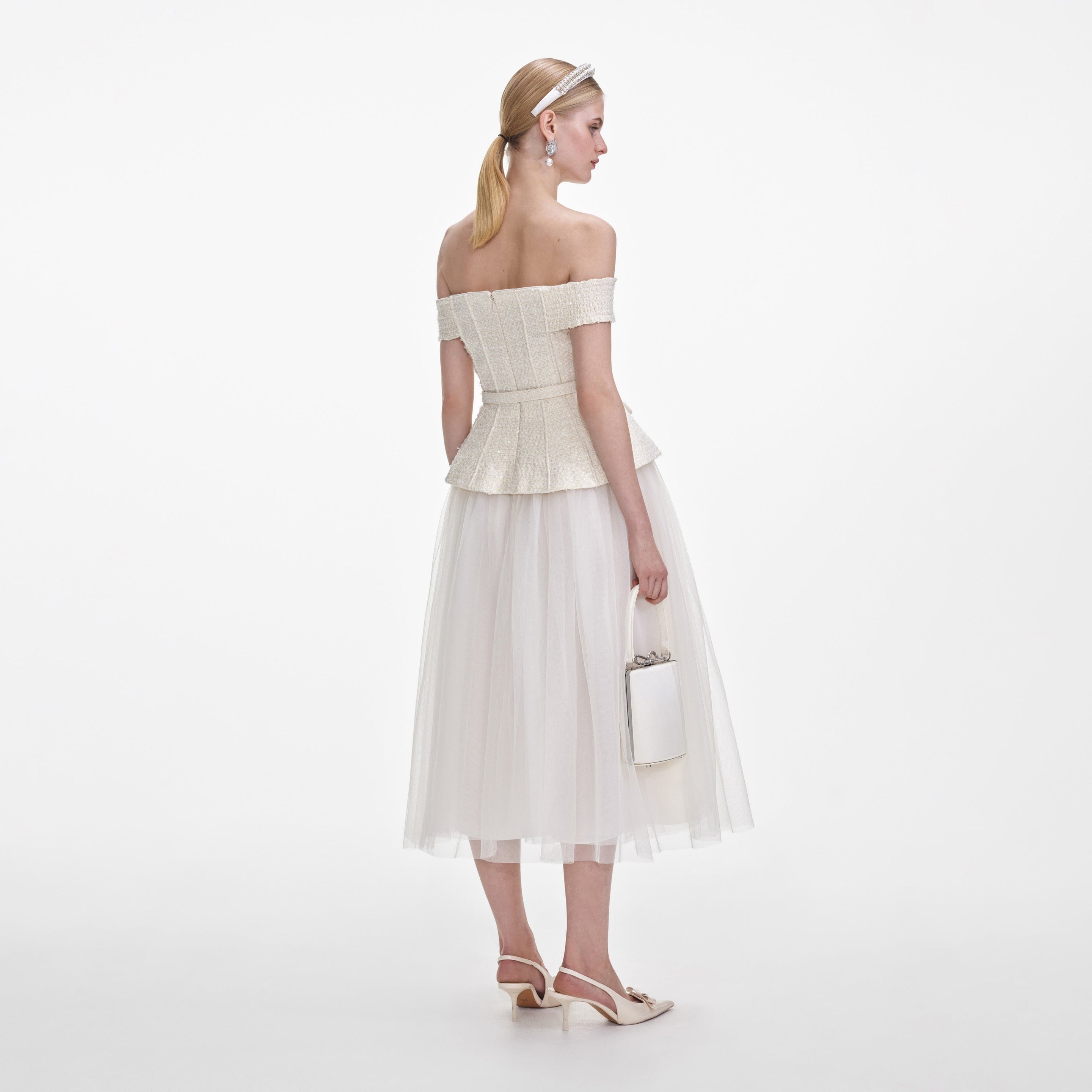 Cream Boucle Tulle Midi Dress - 3
