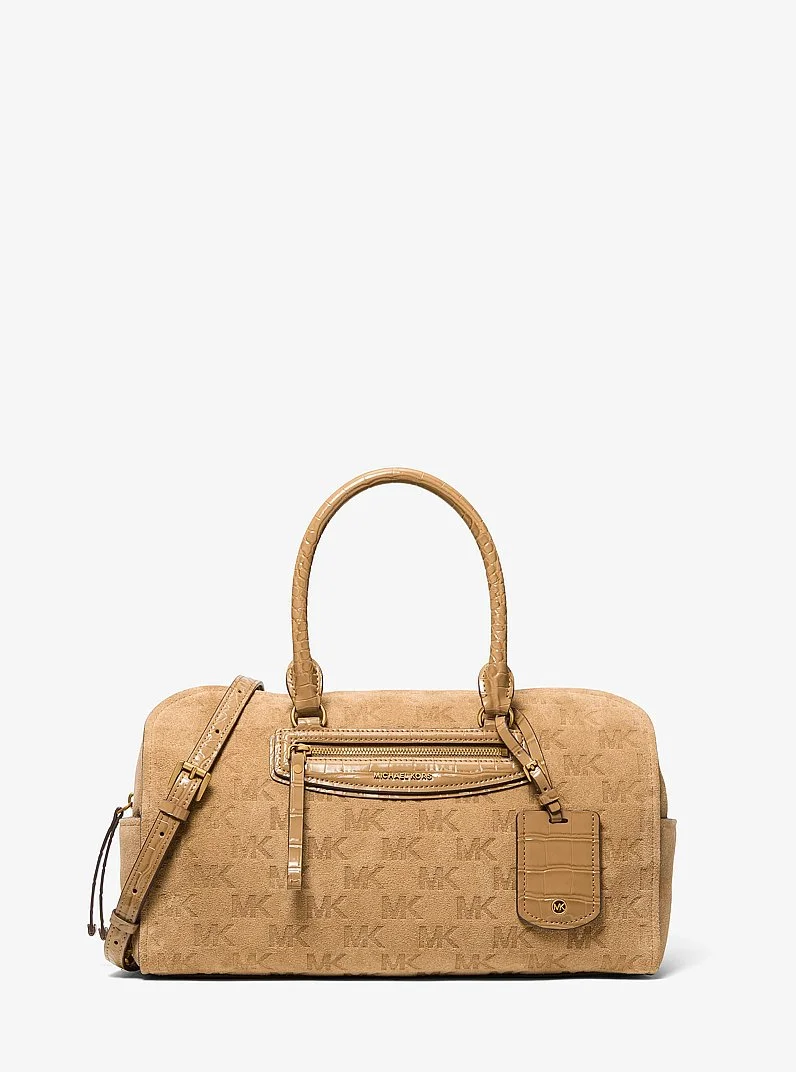 Jet Set Travel Medium Logo Embossed Suede Duffel Crossbody Bag - 1