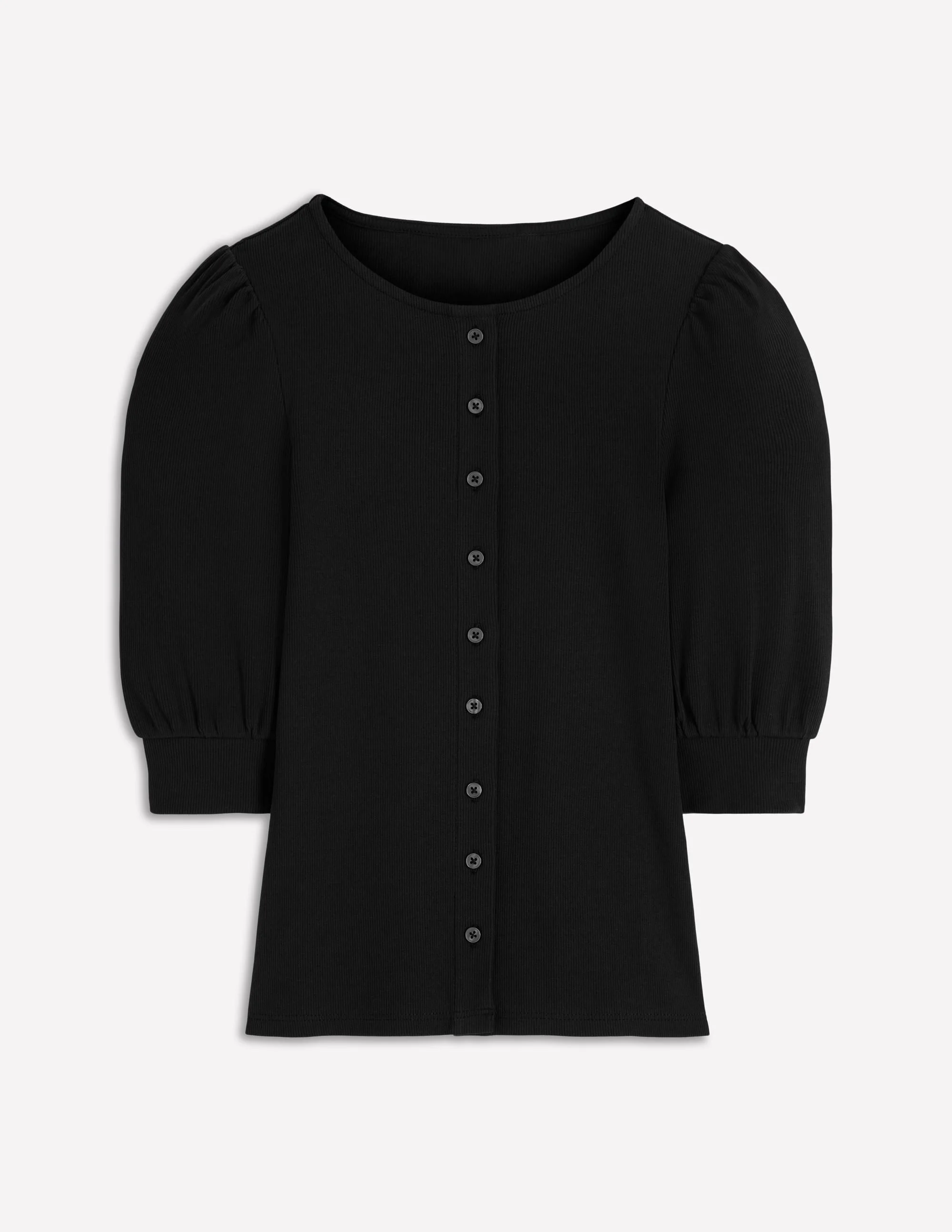Evie Ribbed Puff Sleeve Top-Black - 1