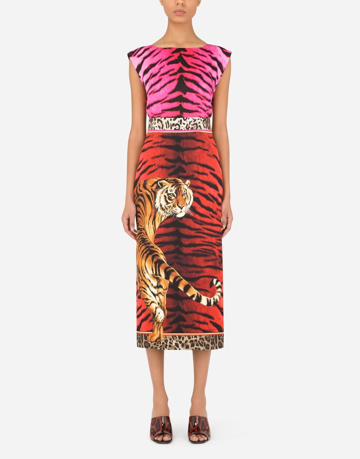 Charmeuse calf-length dress with tiger print - 1