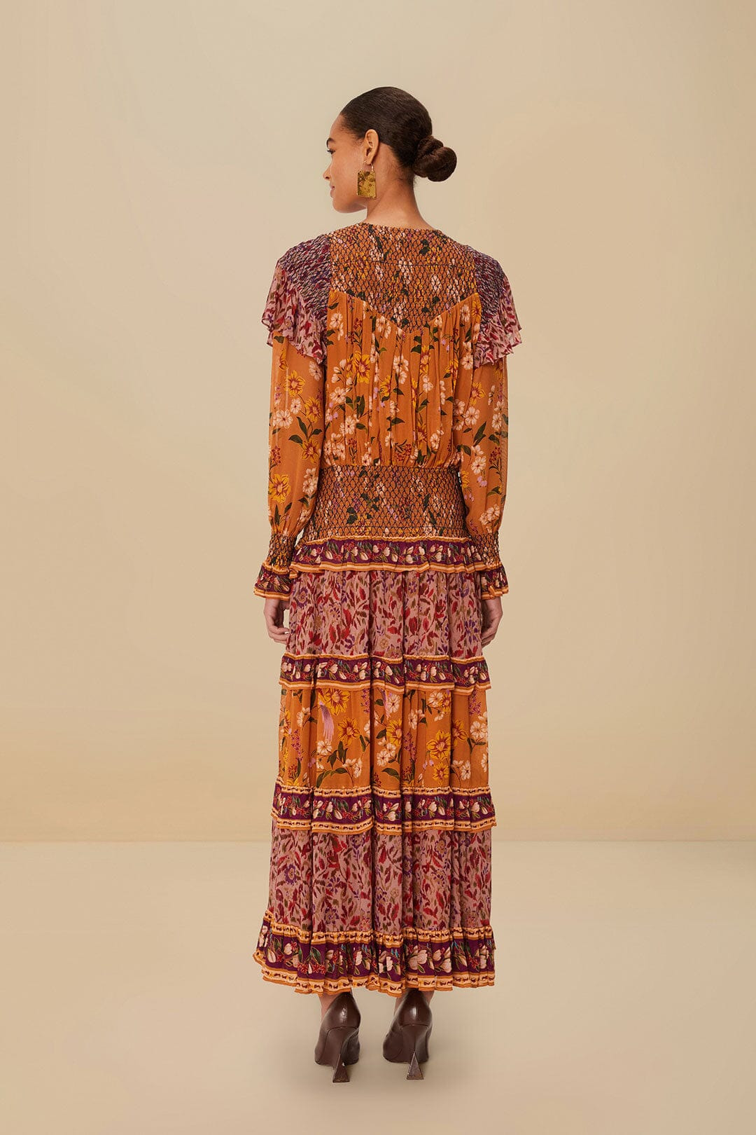 Colorful Birds Camel Smocking Long Sleeve Maxi Dress - 8